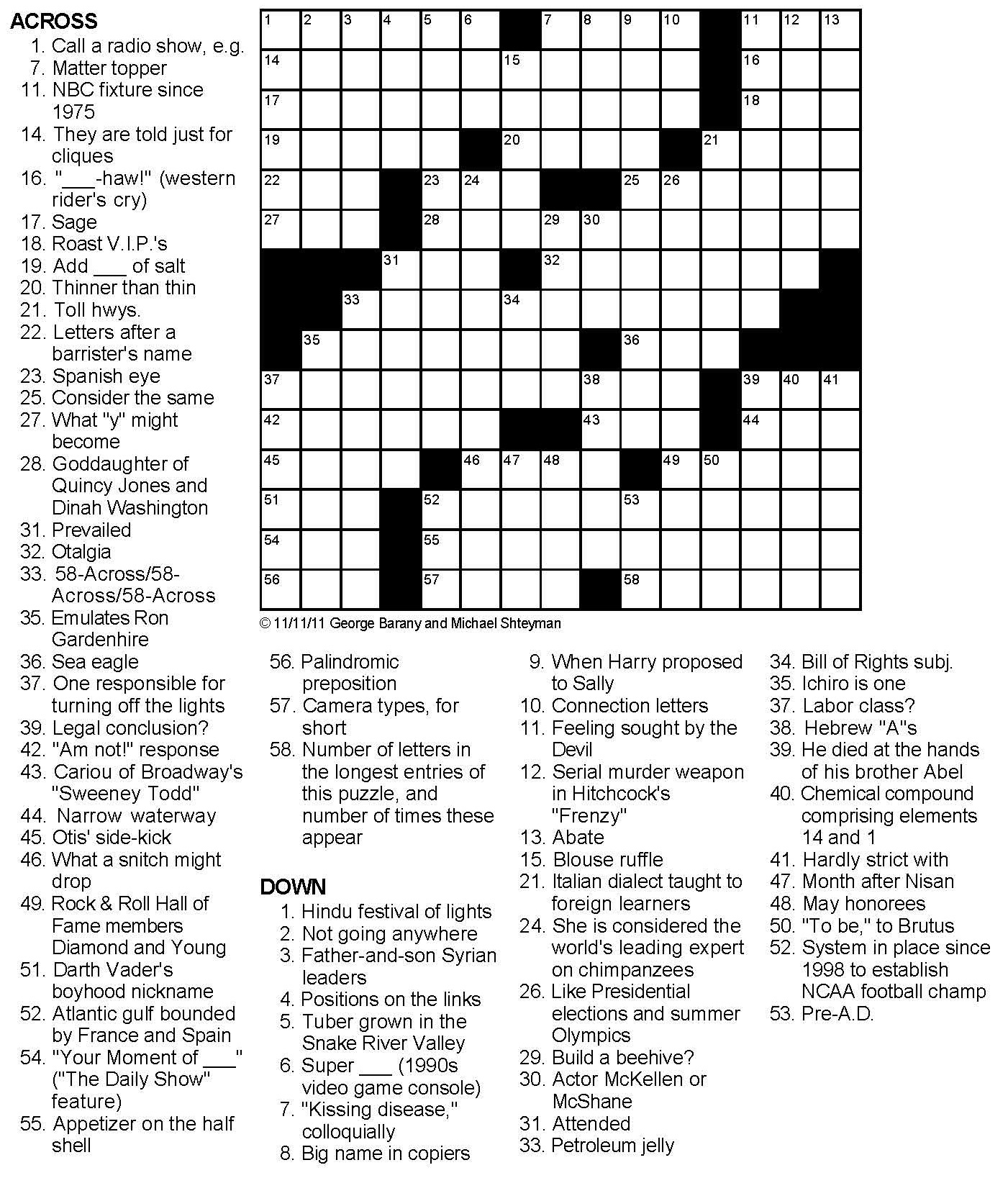 Crossword Puzzle For 11 11 11
