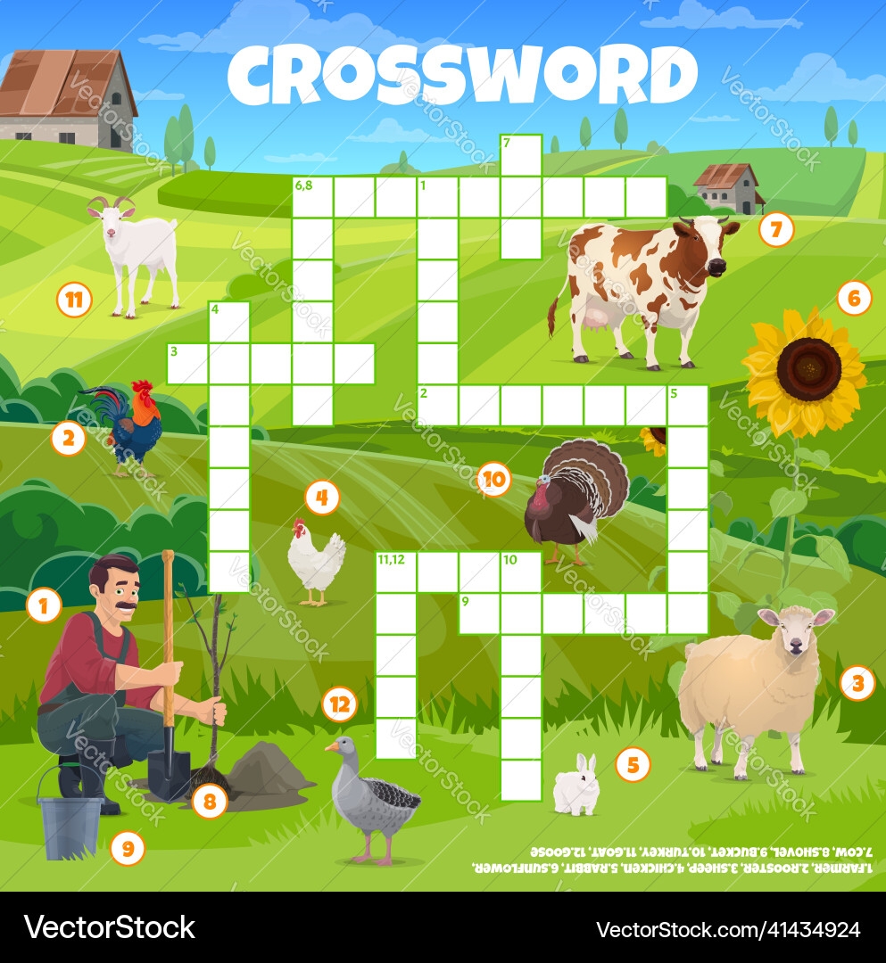 Crossword Puzzle Game Worksheet With Farm Animals Vector Image