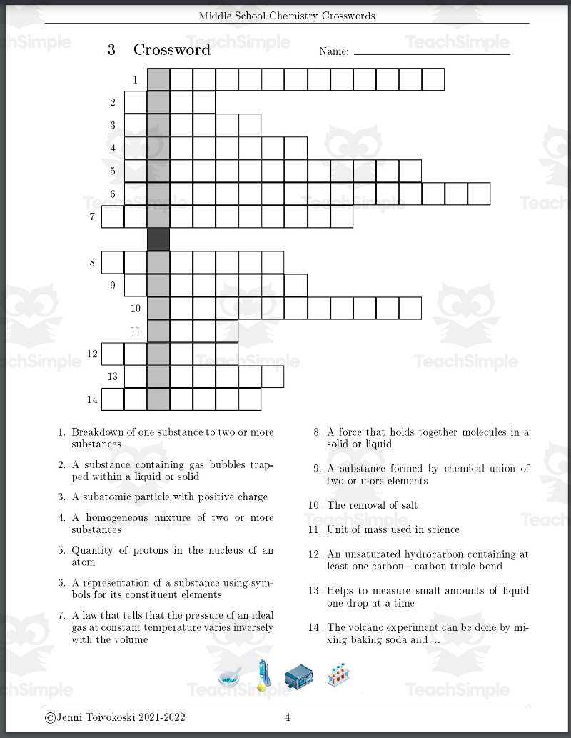 Crossword Puzzles About Middle School Chemistry By Teach Simple