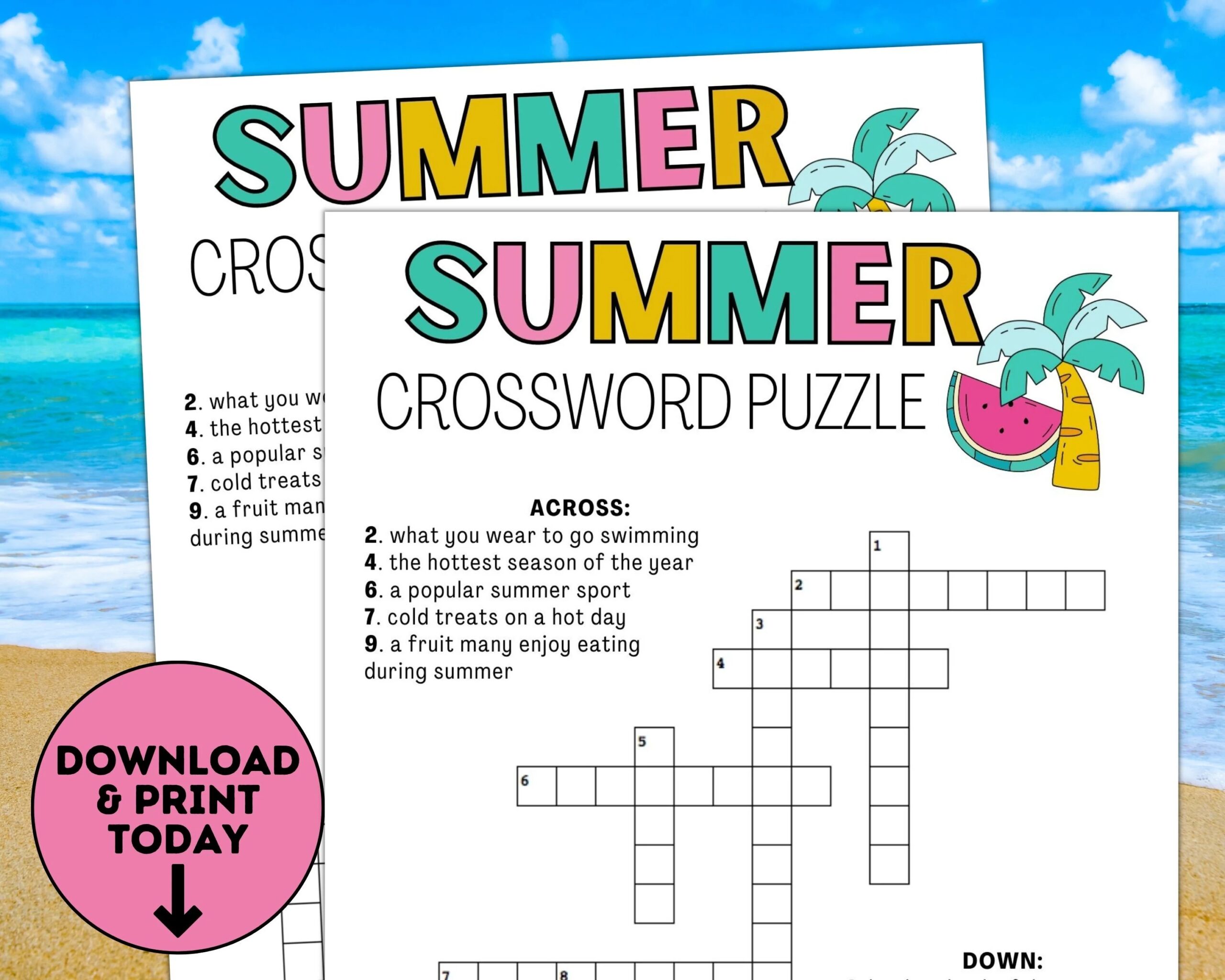 Crossword Summer Game Summer Party Game Printable Summertime Game Summer Activities For Kids Adults Beach Game Pool Party Etsy