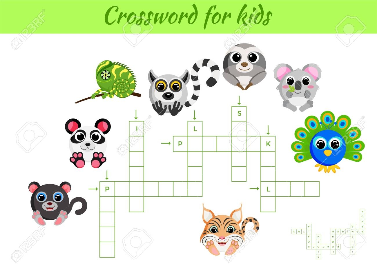 Crosswords Game Of Animals For Children With Pictures Kids Activity Worksheet Colorful Printable Version Educational Game For Study English Words Includes Answers Flat Vector Stock Illustration Royalty Free SVG Cliparts Vectors And
