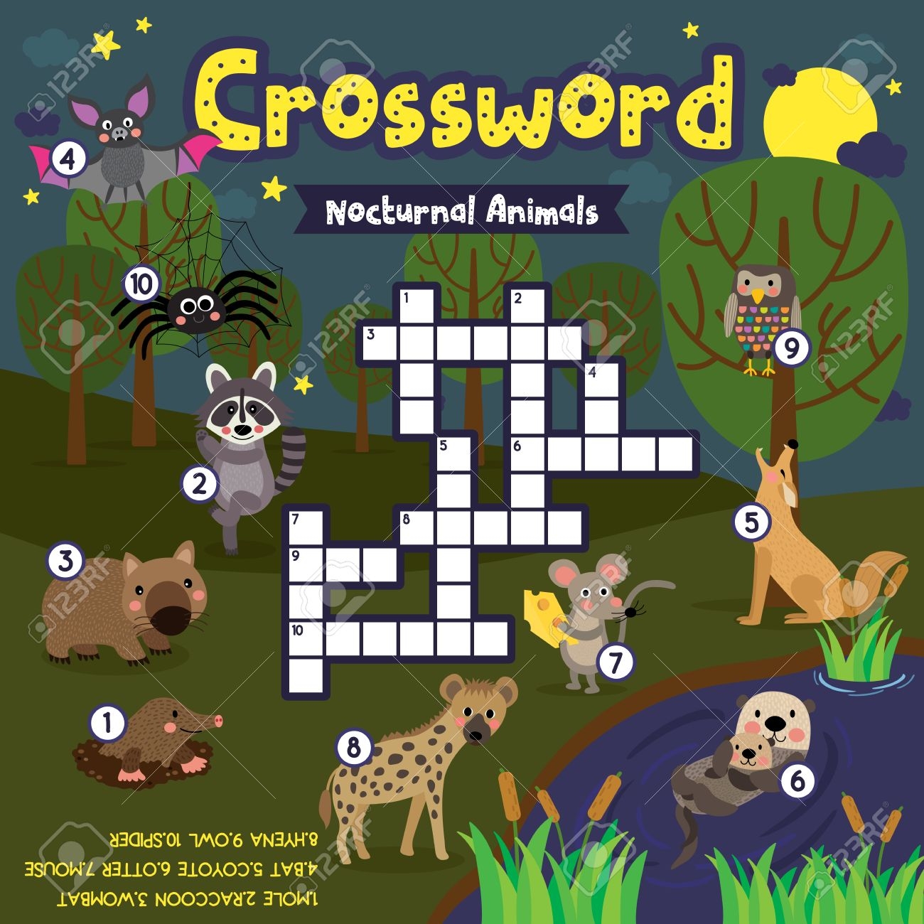 Crosswords Puzzle Game Of Nocturnal Animals For Preschool Kids Activity Worksheet Colorful Printable Version Vector Illustration Royalty Free SVG Cliparts Vectors And Stock Illustration Image 86634722 