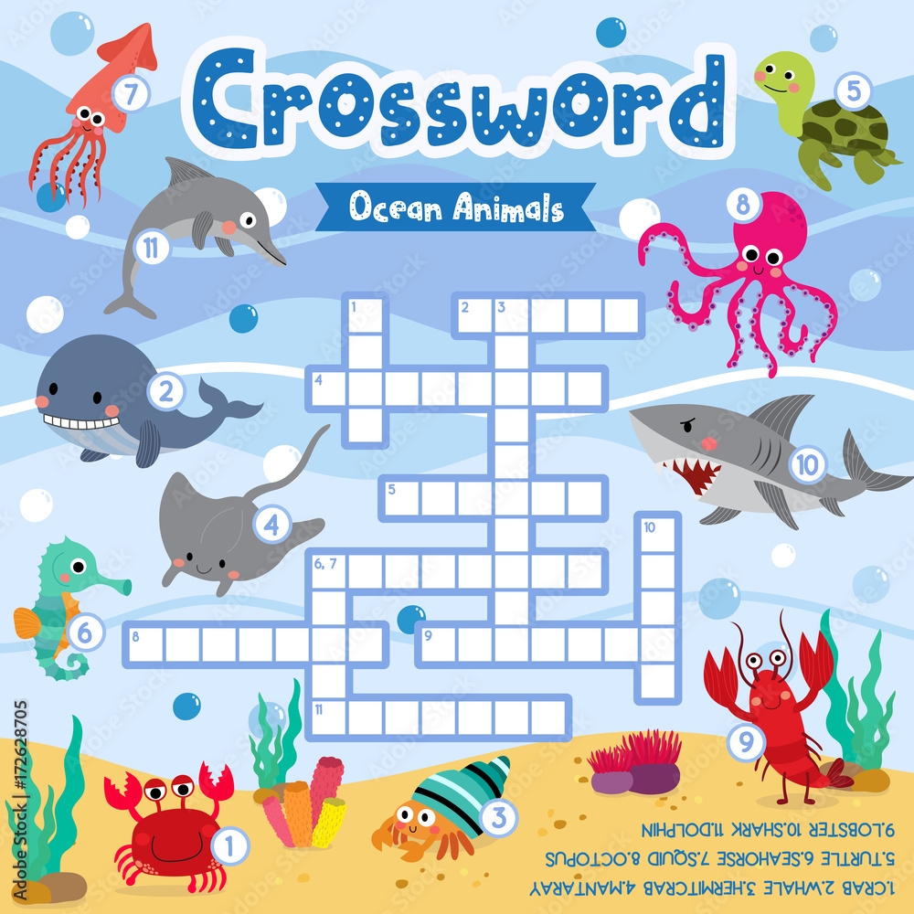 Crosswords Puzzle Game Of Ocean Animals For Preschool Kids Activity Worksheet Colorful Printable Version Vector Illustration Stock Vector Adobe Stock