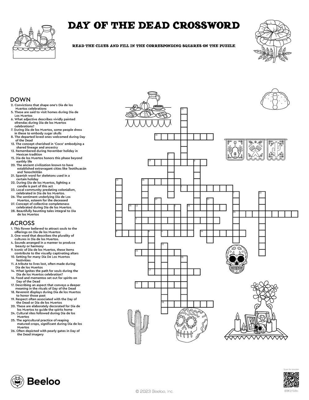 Day Of The Dead Crossword Beeloo Printable Crafts And Activities For Kids