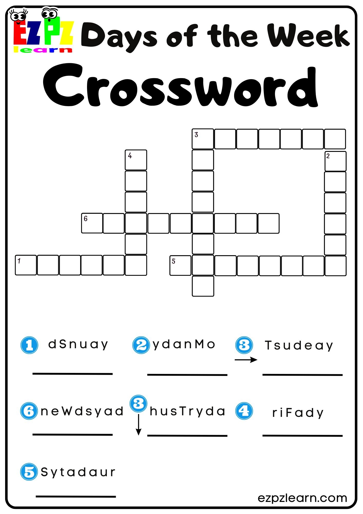 Days Of The Week Crossword Ezpzlearn