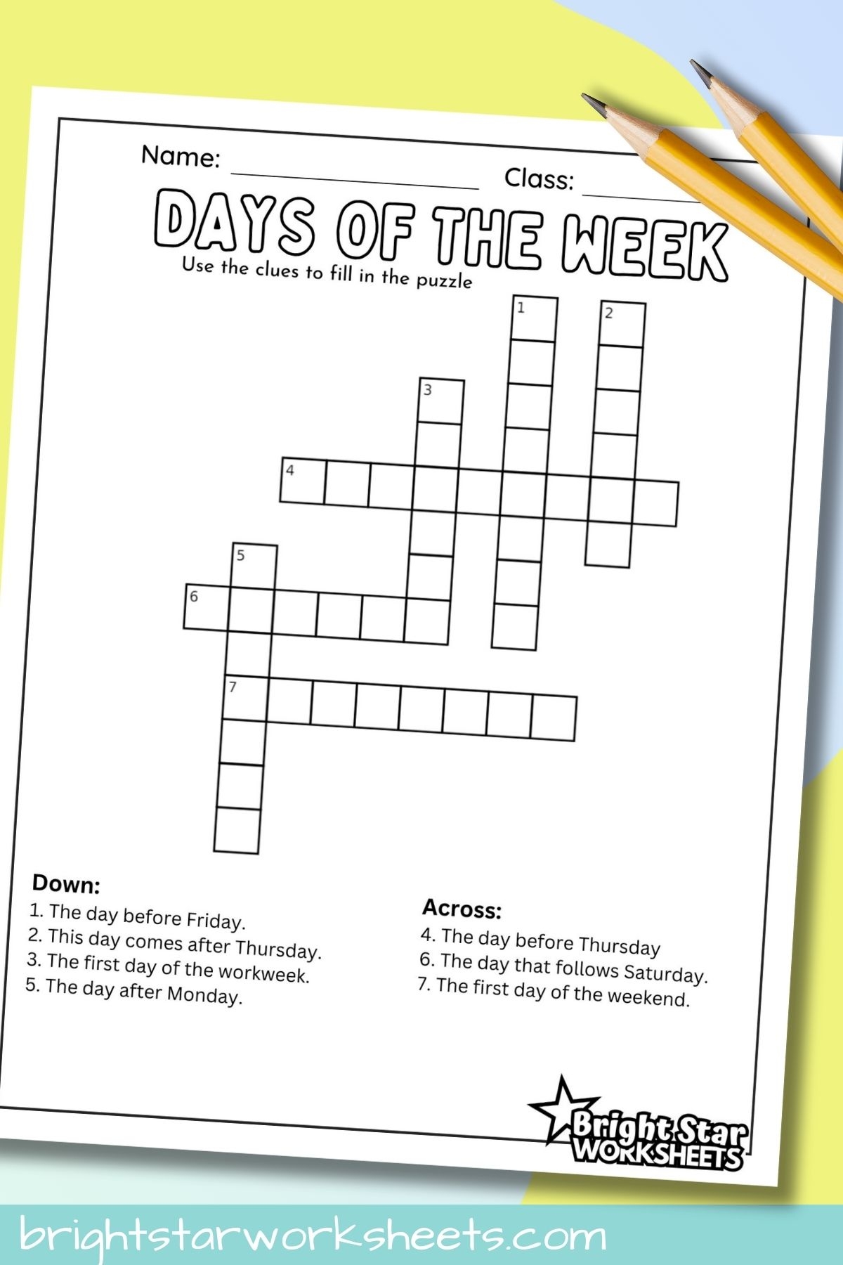 Days Of The Week Crossword Puzzle Bright Star Worksheets