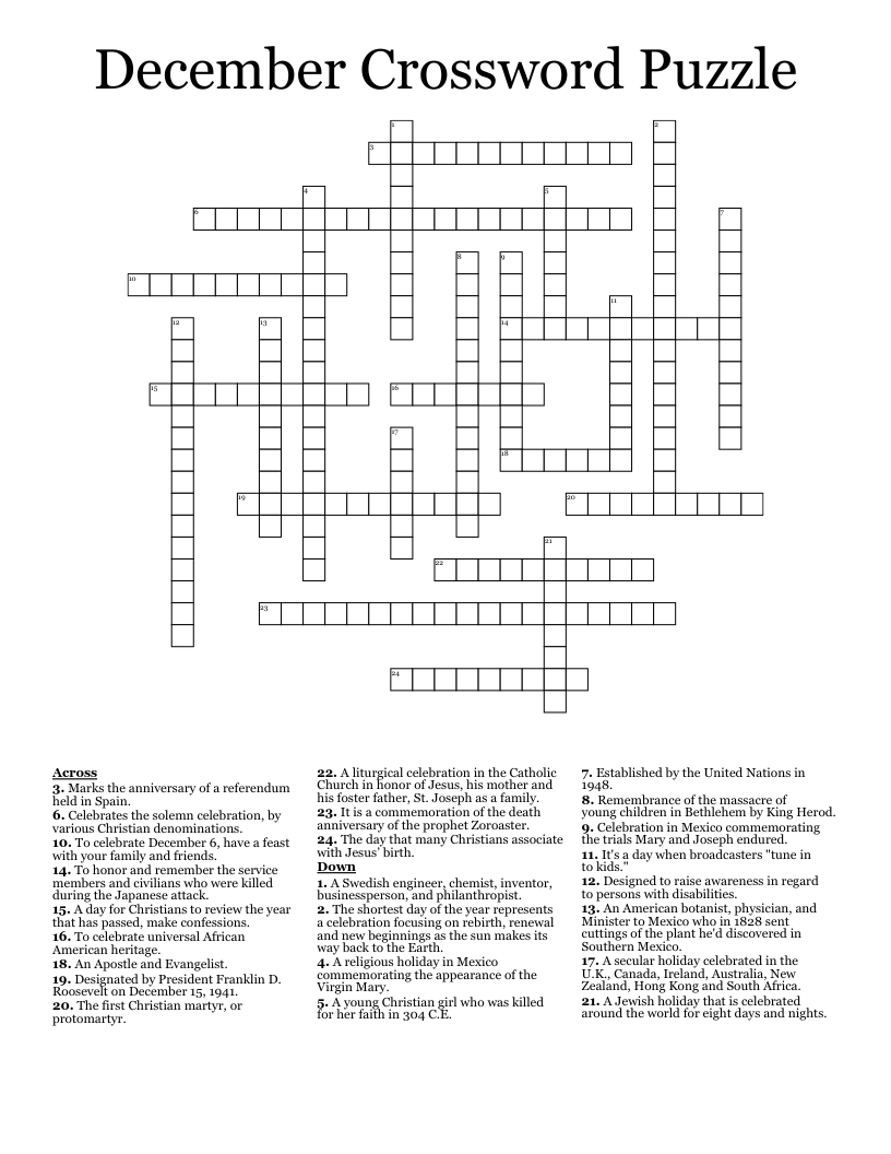 December Crossword Puzzle WordMint December Crossword Puzzle WordMint