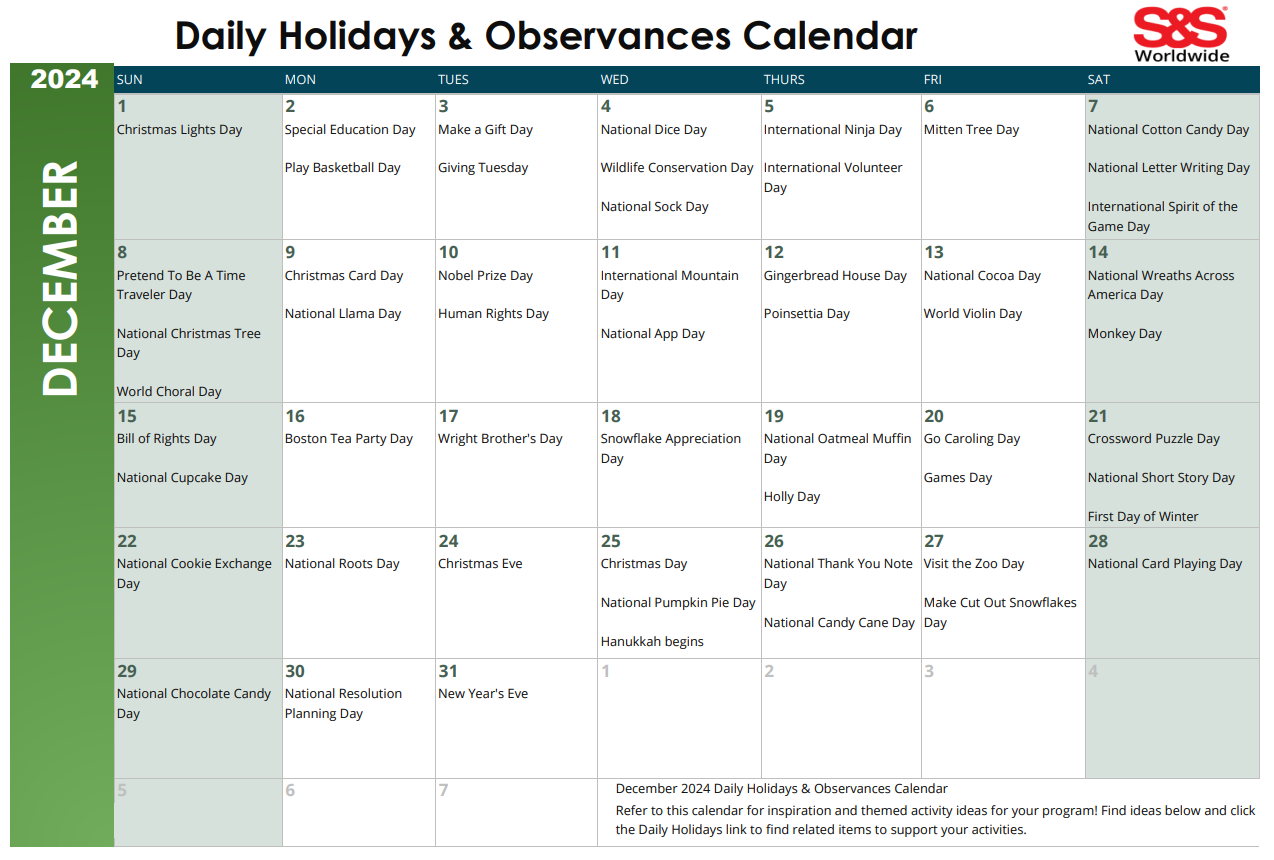 December Daily Holidays Observances Printable Calendar S S Blog December Daily Holidays Observances Printable Calendar S S Blog