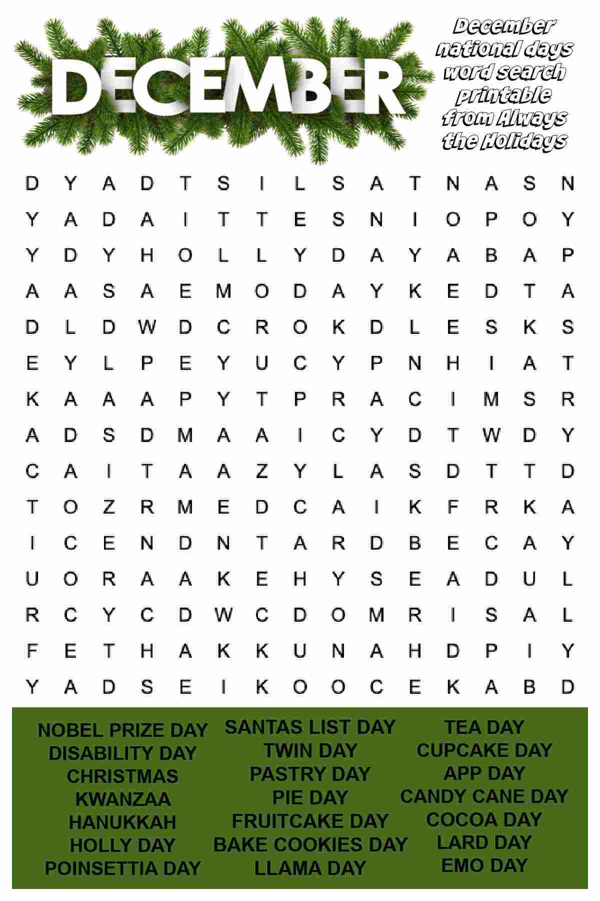 December Word Search Printable National Days Word Find Puzzle December Word Search Printable National Days Word Find Puzzle