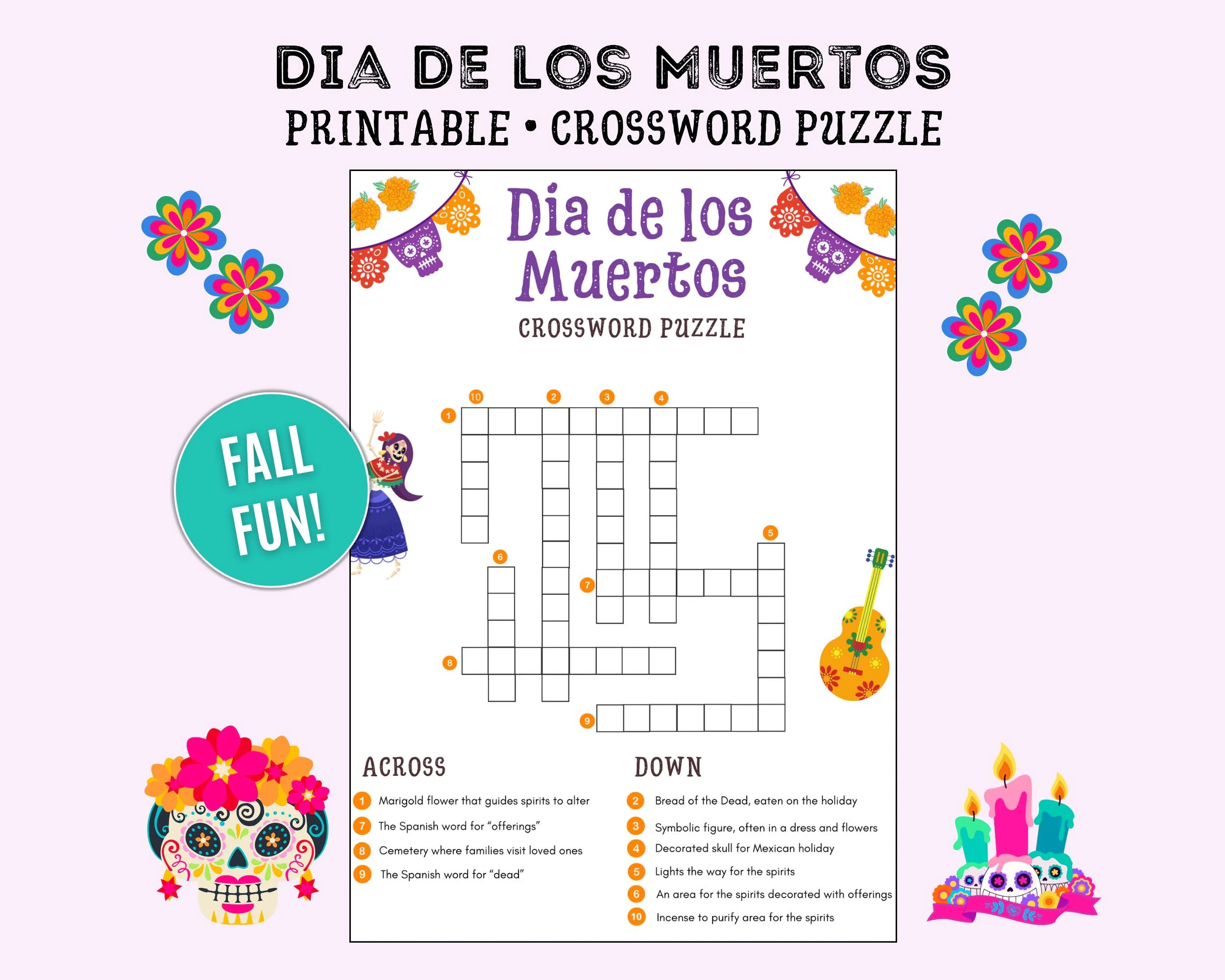 Dia De Los Muertos Crossword Puzzle Printable Dia De Los Muertos Activity Games For Kids Day Of The Dead Crossword Puzzle Kids Activity Etsy