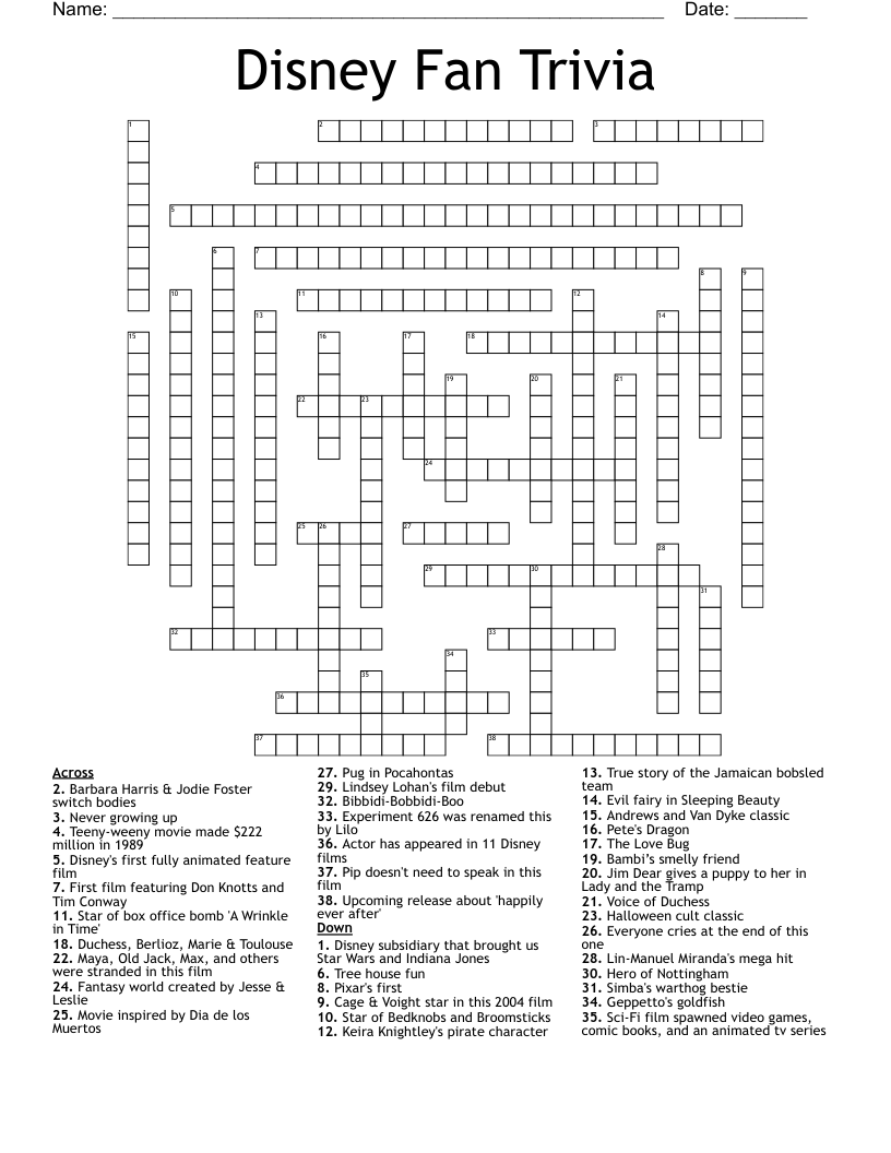 Disney Fan Trivia Crossword WordMint Disney Fan Trivia Crossword WordMint