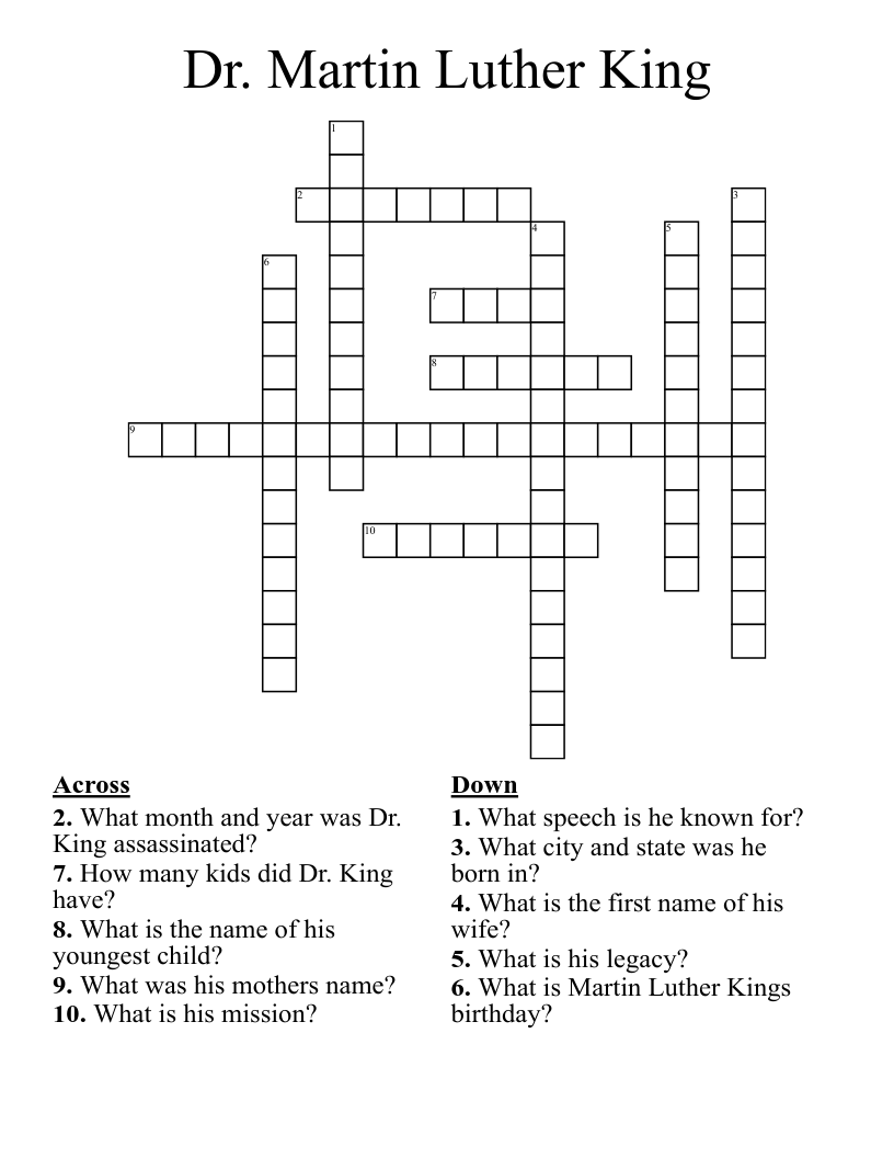 Dr Martin Luther King Crossword WordMint