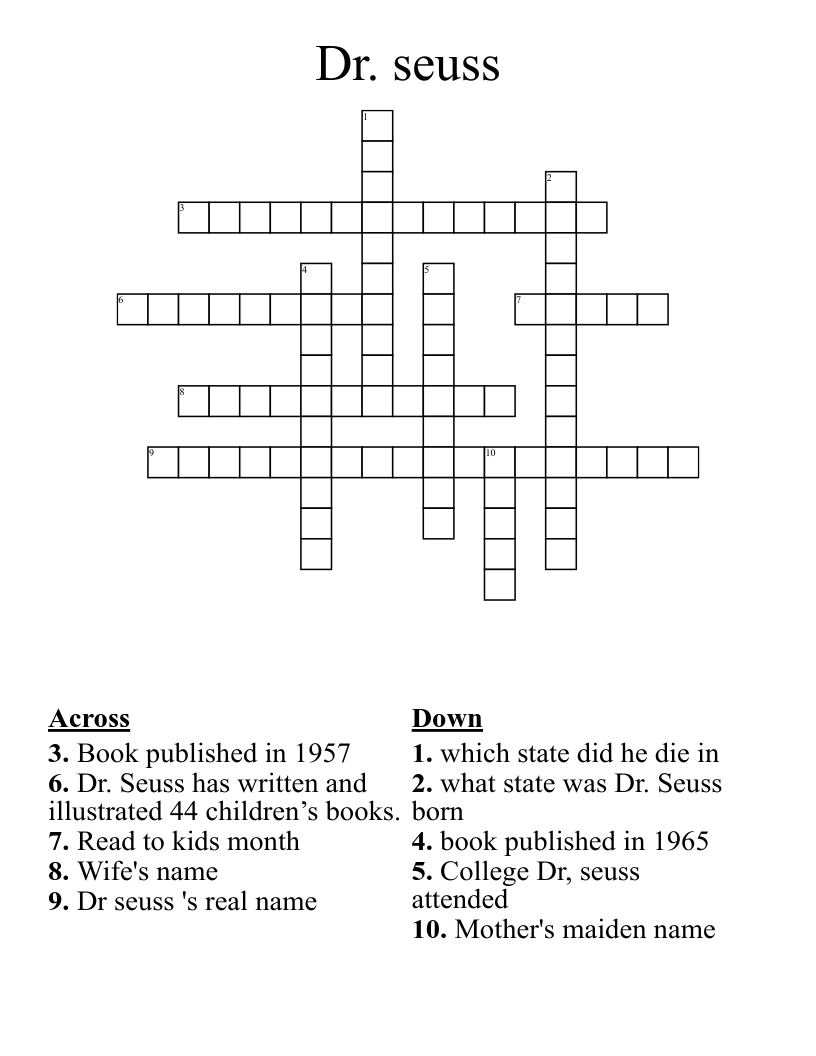 Dr Seuss Crossword WordMint
