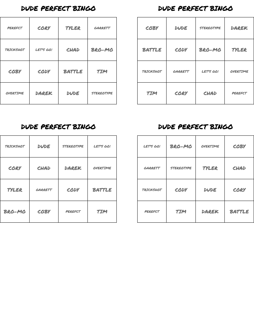 DUDE PERFECT BINGO WordMint DUDE PERFECT BINGO WordMint