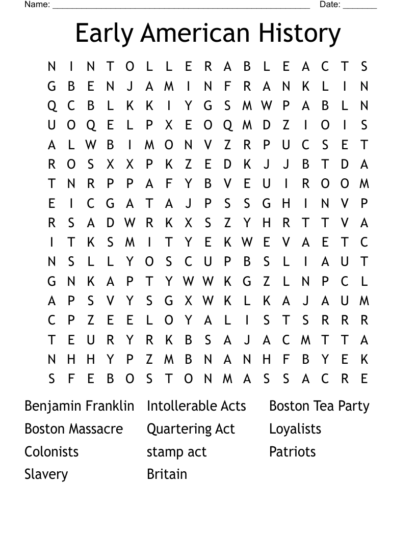 Early American History Word Search WordMint Early American History Word Search WordMint