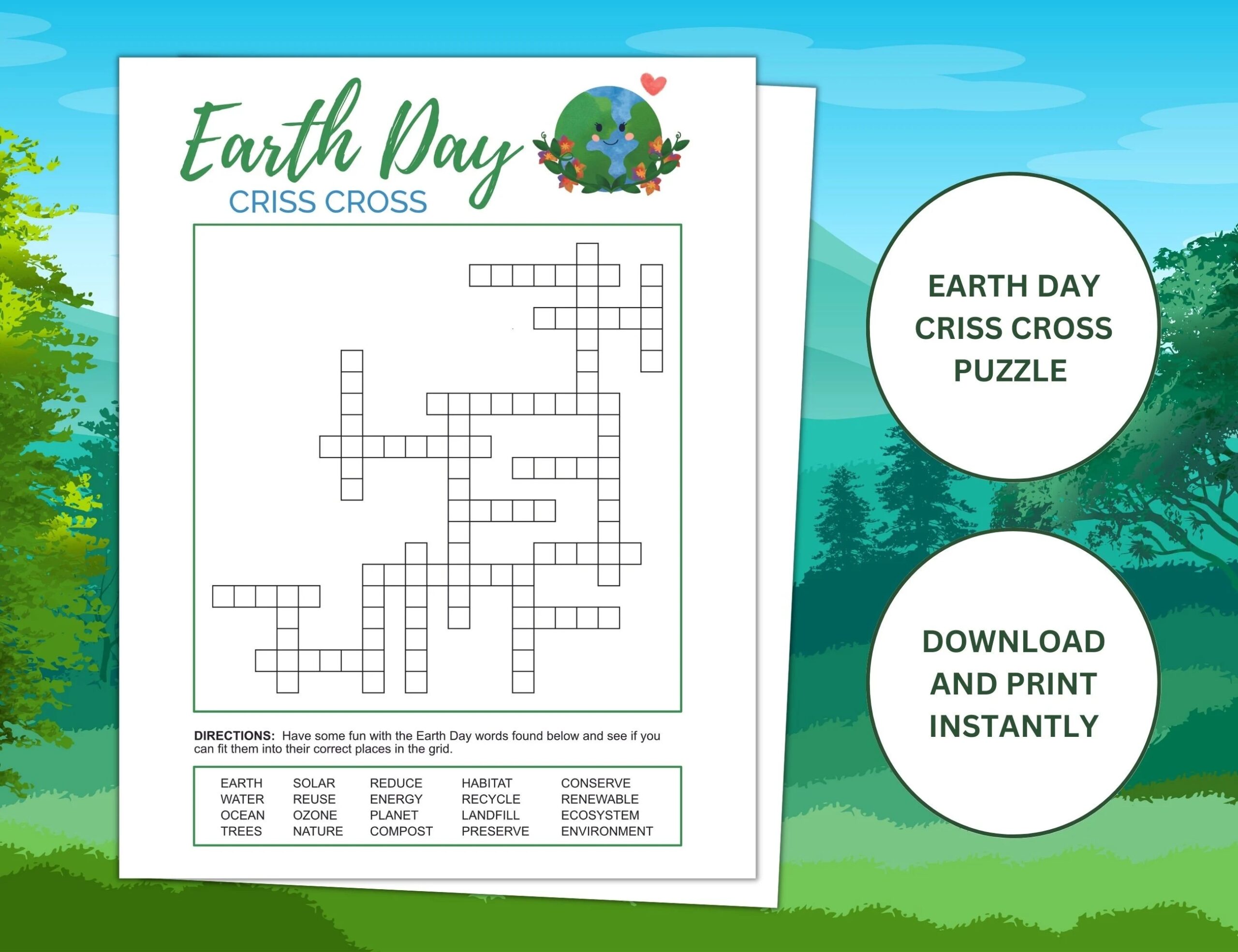 Earth Day Criss Cross Word Puzzle Earth Day Word Game For Students Earth Day Activities For Adults And Kids Etsy