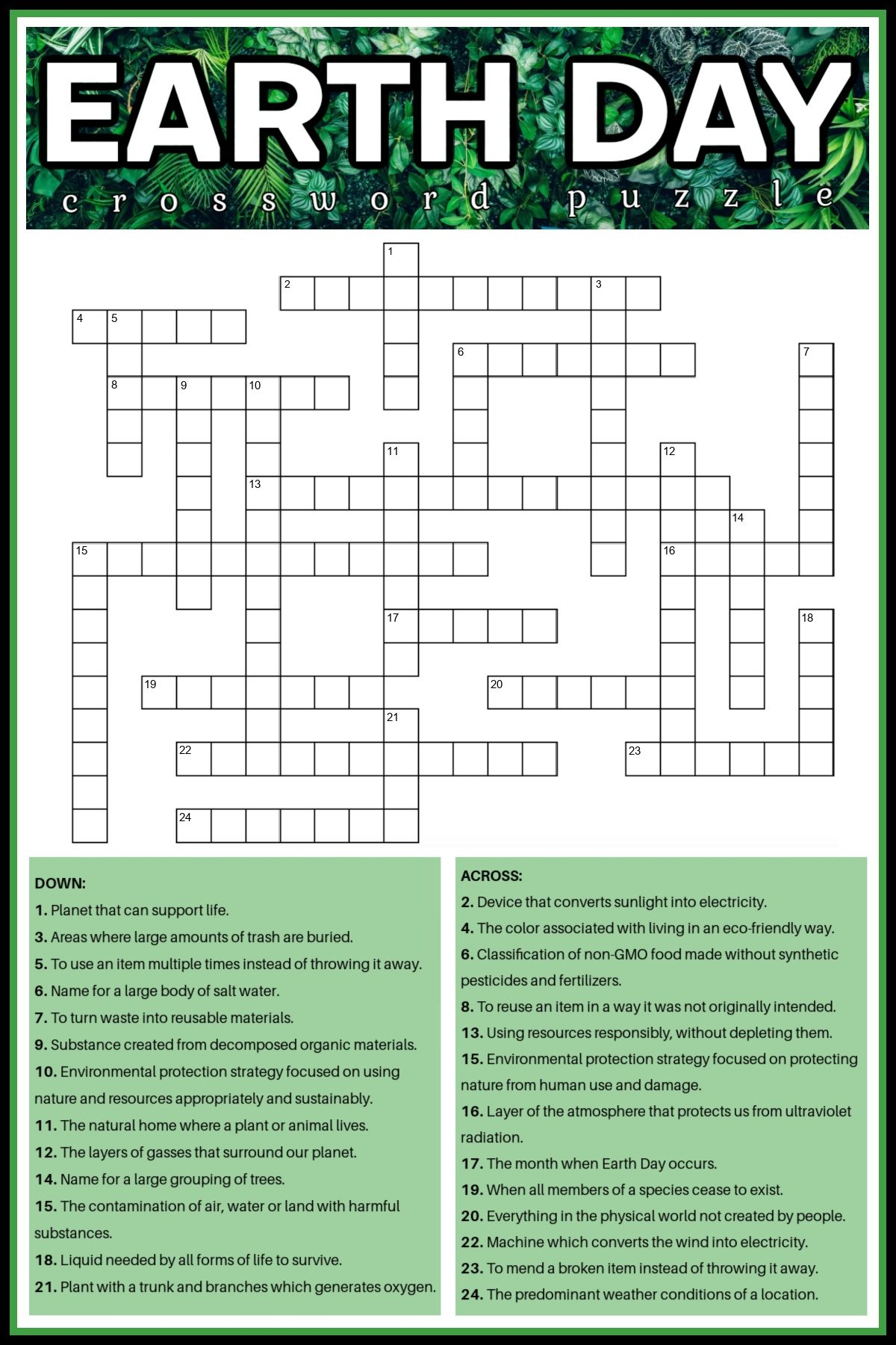 Earth Day Crossword Puzzle Free Earth Day Printable Answers