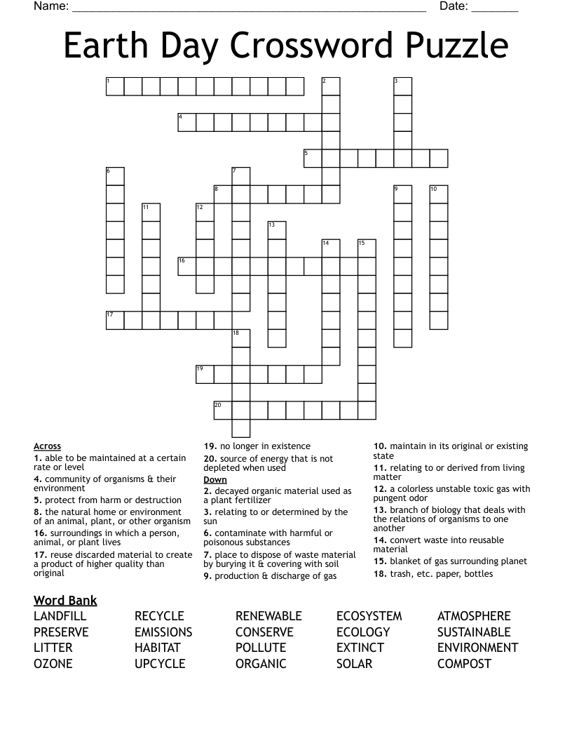 Earth Day Crossword Printable