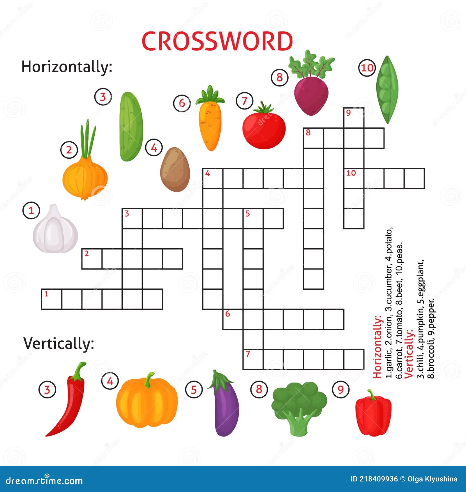 Easy Crossword Puzzle Name That Vegetable For Children In Elementary And Middle School Fun Way To Practice Language Stock Vector Illustration Of Carrot Garlic 218409936