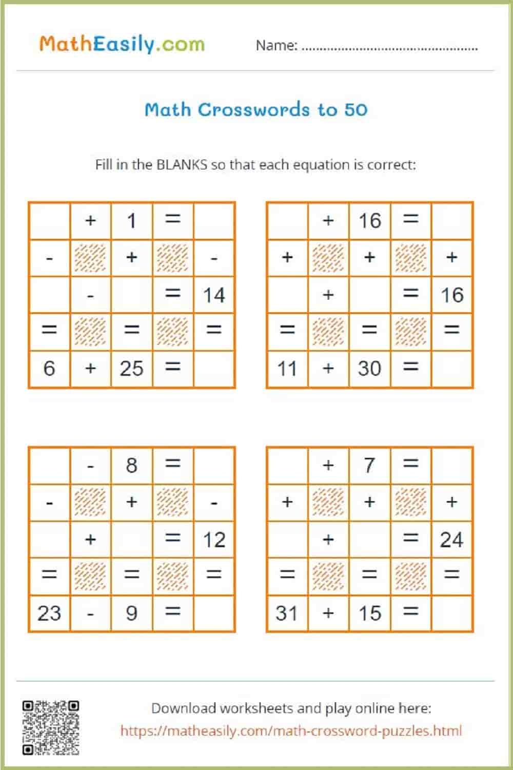 Easy Math Crossword Puzzles Addition And Subtraction Easy Math Crossword Puzzles Addition And Subtraction