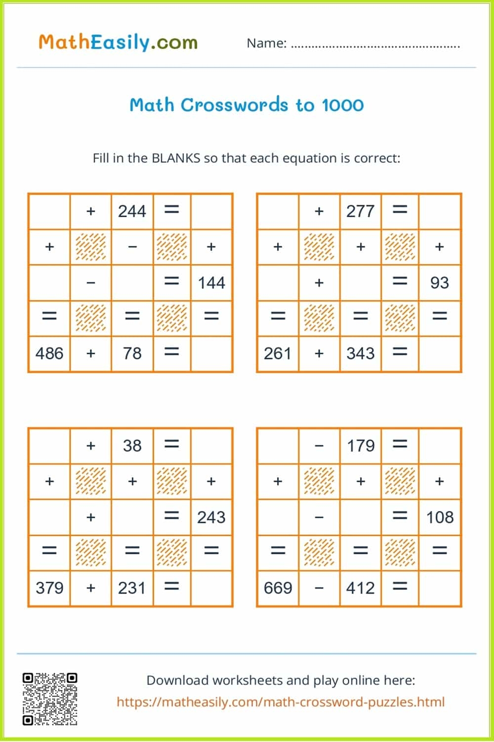 Easy Math Crossword Puzzles Addition And Subtraction Easy Math Crossword Puzzles Addition And Subtraction