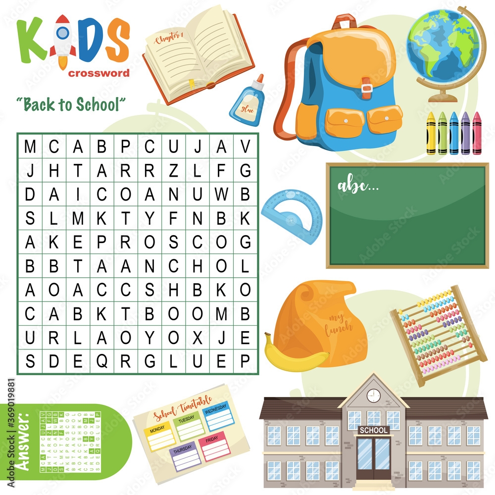 Easy Word Search Crossword Puzzle Back To School For Children In Elementary And Middle School Fun Way To Practice Language Comprehension And Expand Vocabulary Includes Answers Stock Vector Adobe Stock