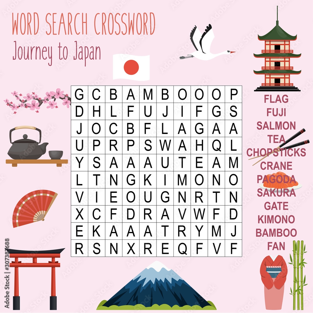 Easy Word Search Crossword Puzzle Journey To Japan For Children In Elementary And Middle School Fun Way To Practice Language Comprehension And Expand Vocabulary Includes Answers Stock Vector Adobe Stock