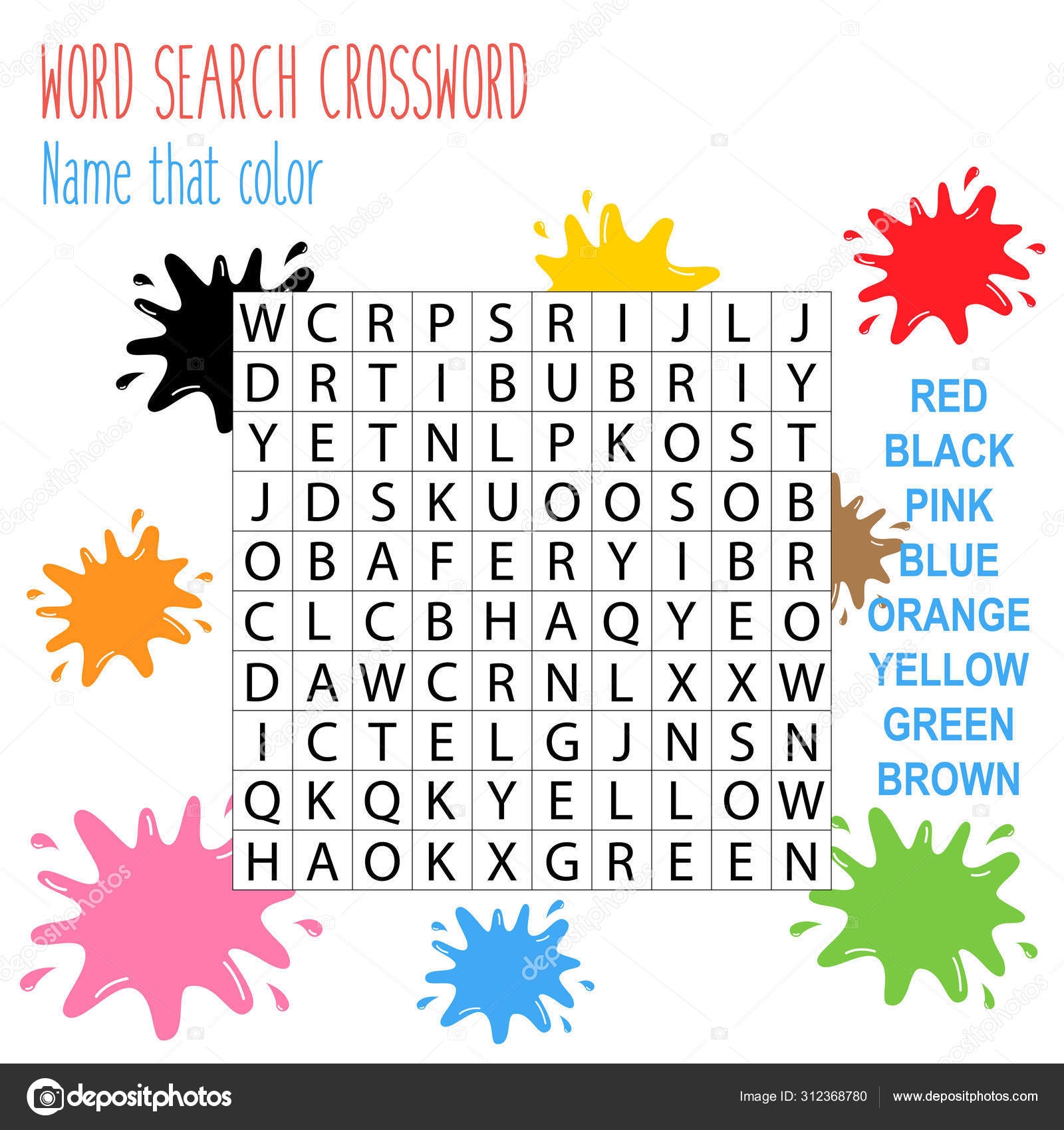 Easy Word Search Crossword Puzzle Name Color Children Elementary Middle Stock Vector By yekaterinalim 312368780