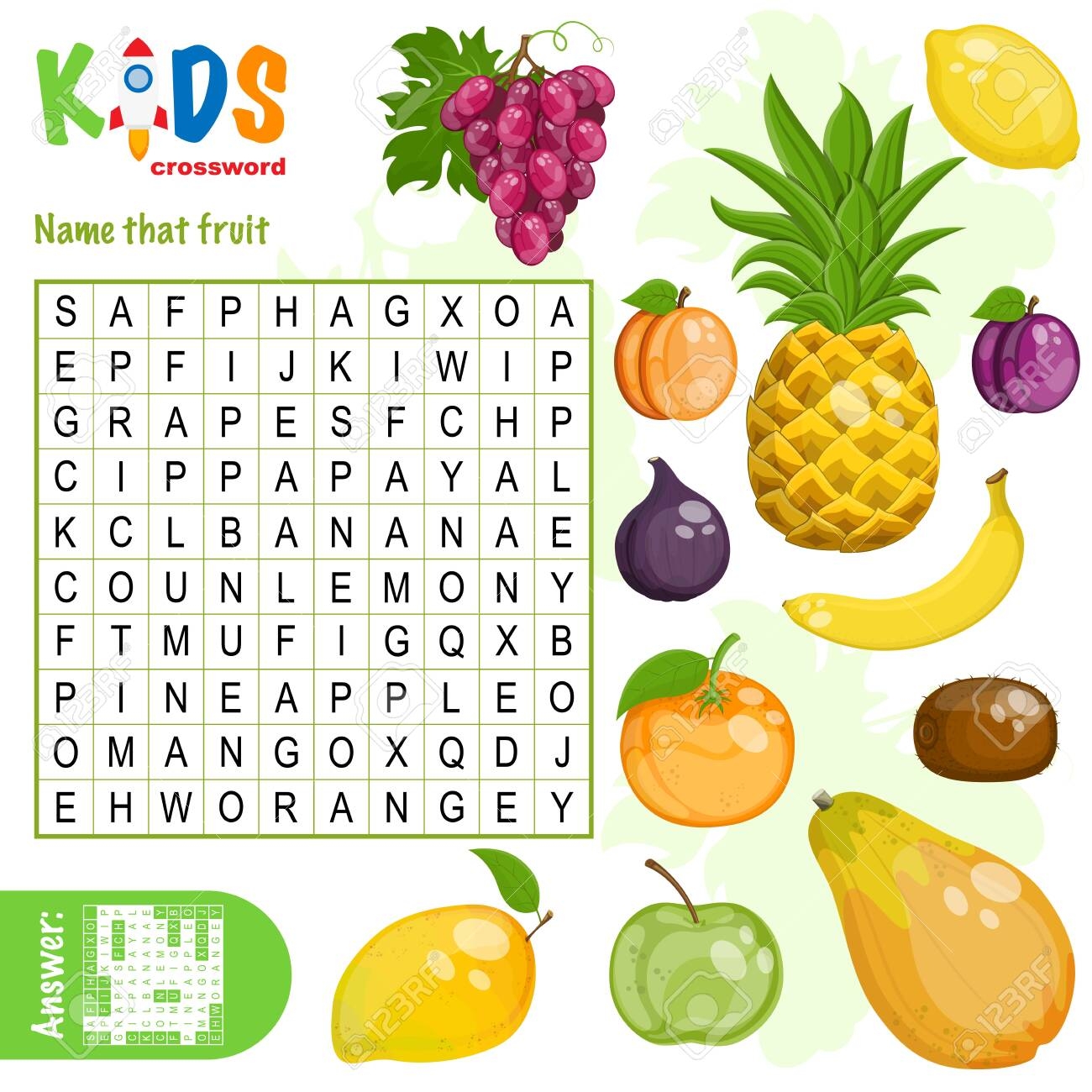 Easy Word Search Crossword Puzzle Name That Fruit For Children In Elementary And Middle School Fun Way To Practice Language Comprehension And Expand Vocabulary Includes Answers Royalty Free SVG Cliparts Vectors And