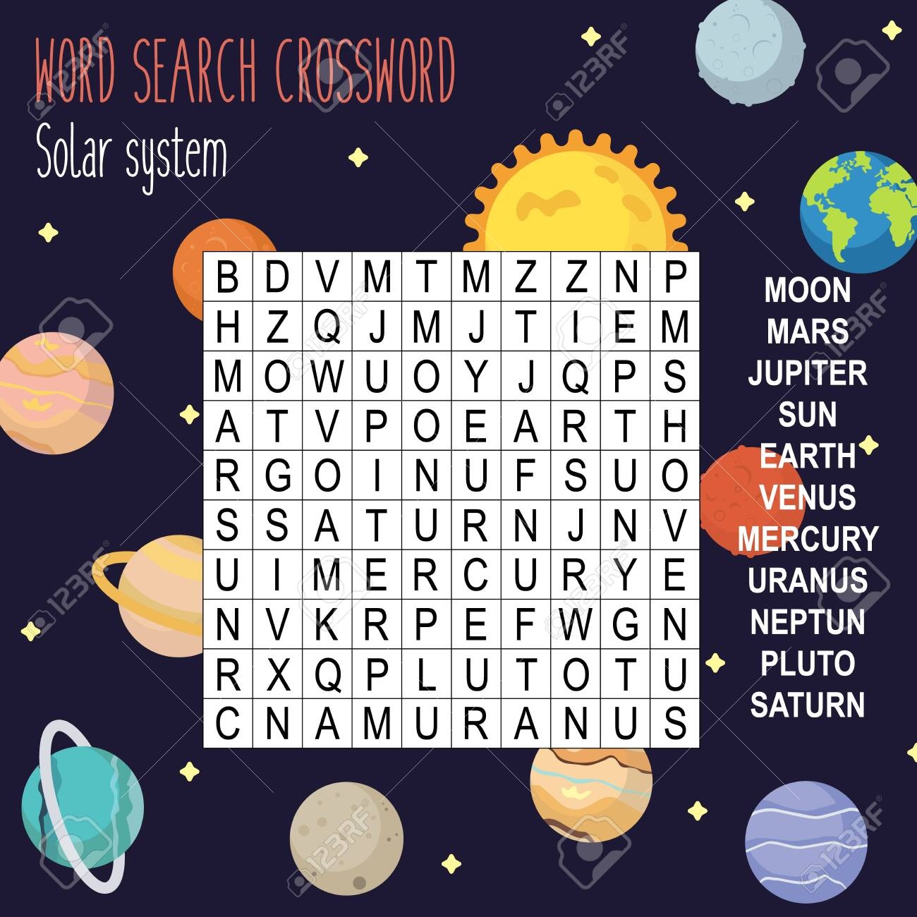 Easy Word Search Crossword Puzzle Solar System For Children In Elementary And Middle School Fun Way To Practice Language Comprehension And Expand Vocabulary Includes Answers Vector Illustration Royalty Free SVG Cliparts Vectors 
