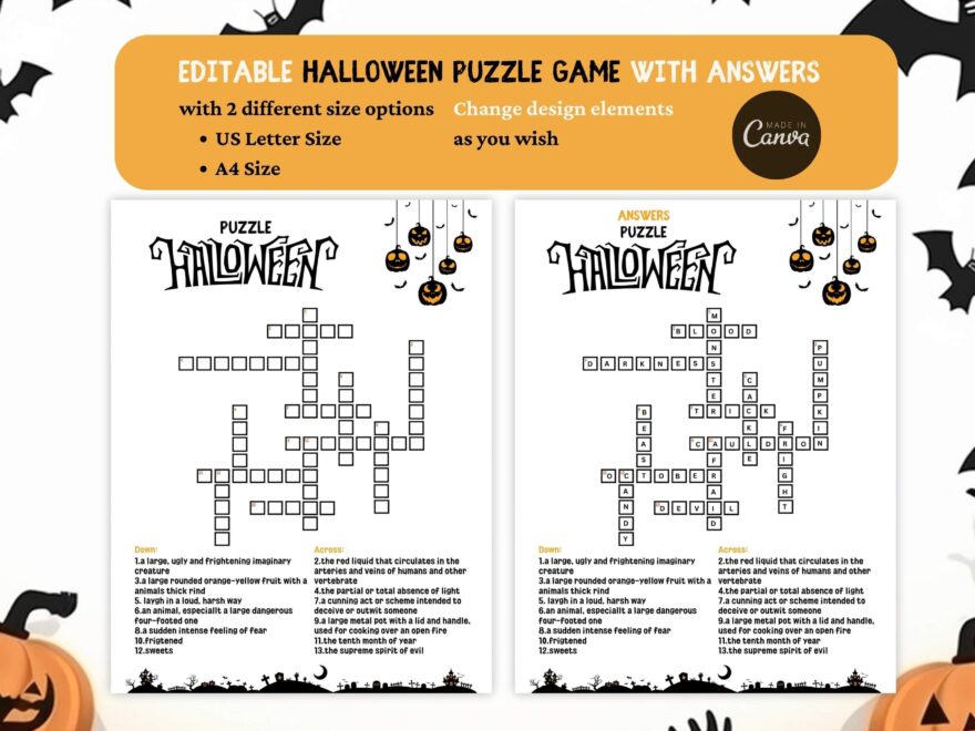 Editable Printable Halloween Crossword Puzzle Game With Answers Halloween Party Game For Kids Teens And Adults Halloween School Games Etsy