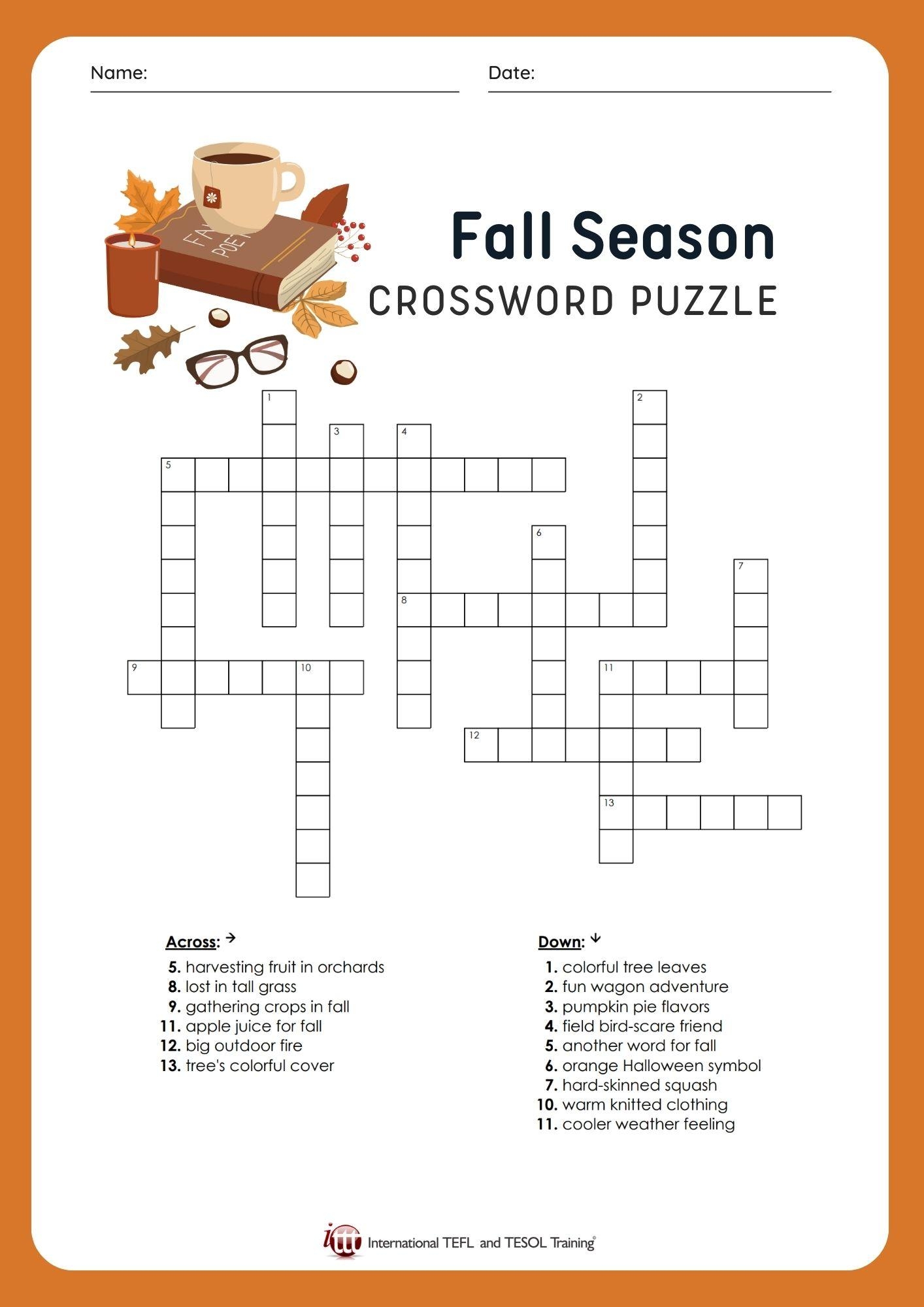 EFL Fall Season Vocabulary Crossword Puzzle ITTT