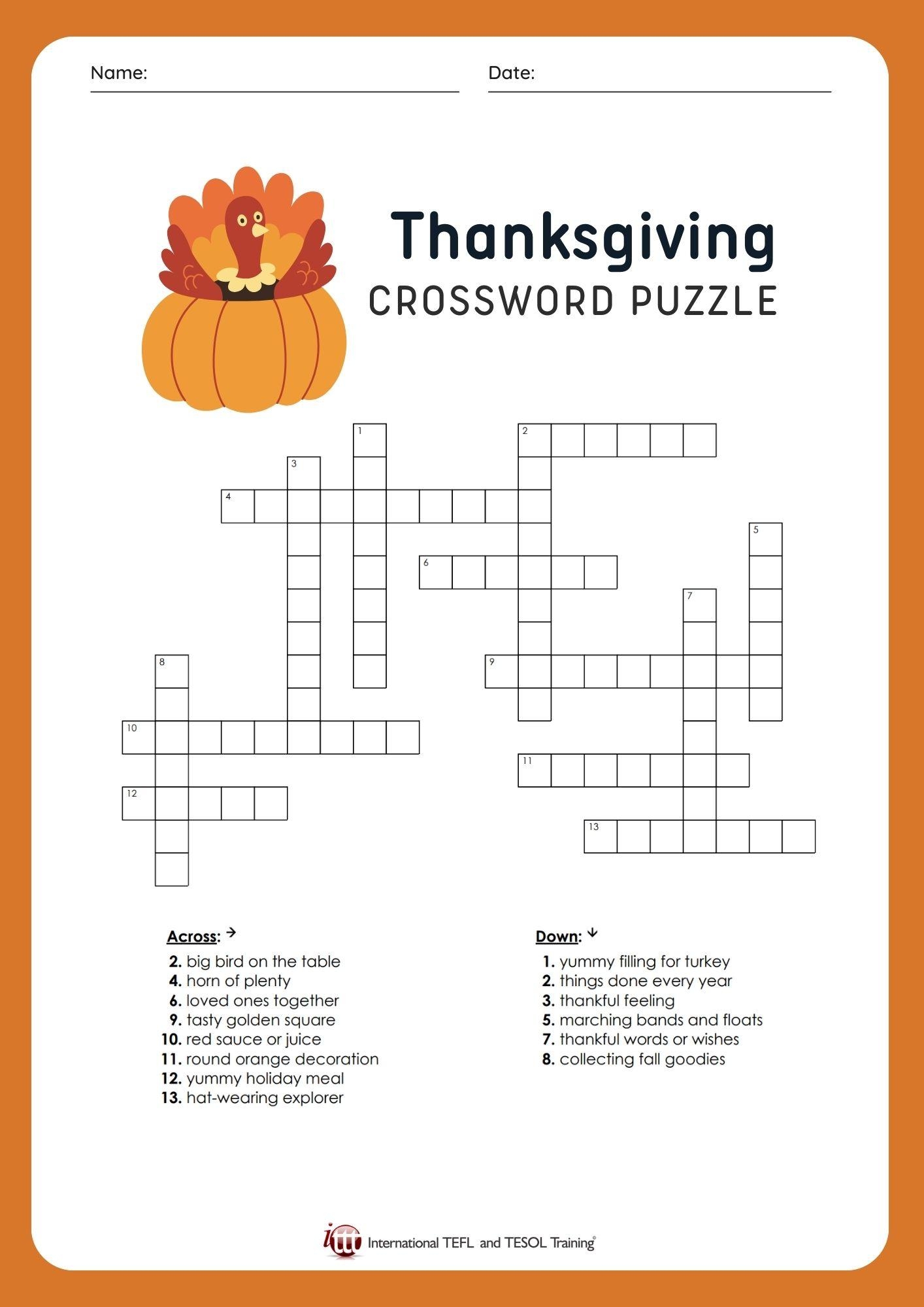 EFL Thanksgiving Vocabulary Crossword Puzzle ITTT EFL Thanksgiving Vocabulary Crossword Puzzle ITTT
