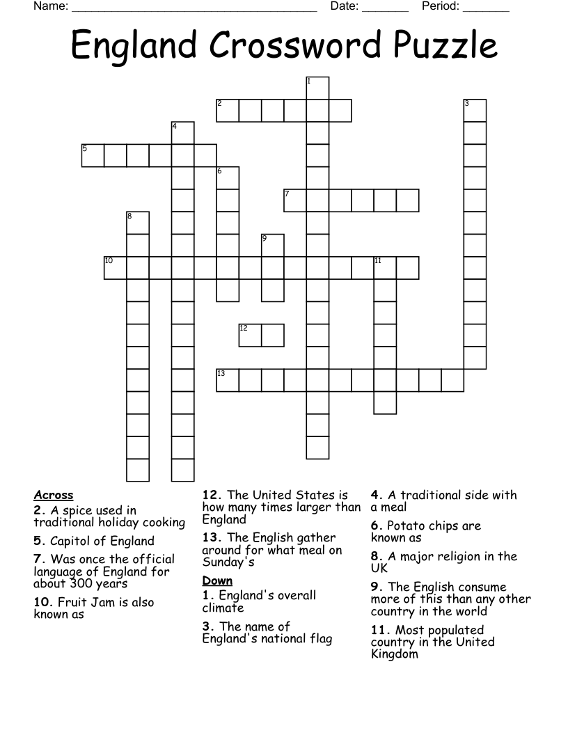 England Crossword Puzzle WordMint