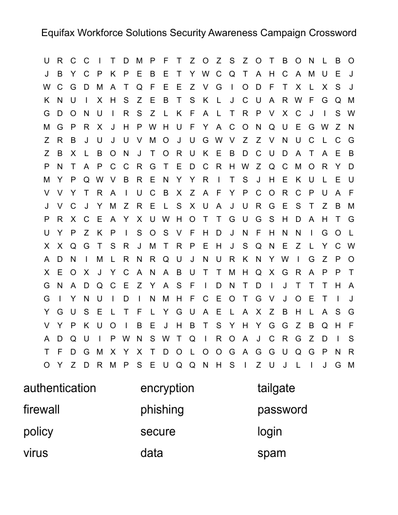 Equifax Workforce Solutions Security Awareness Campaign Crossword Word Search WordMint