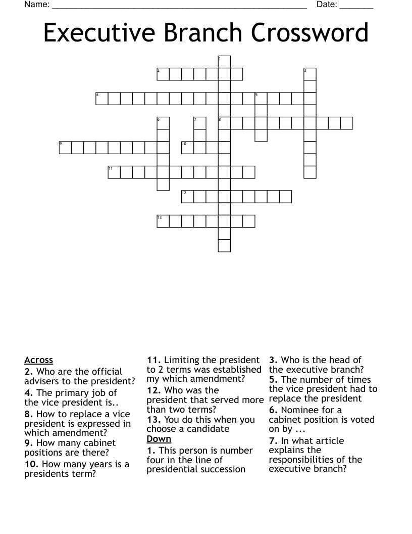 Executive Branch Crossword Puzzle Printable