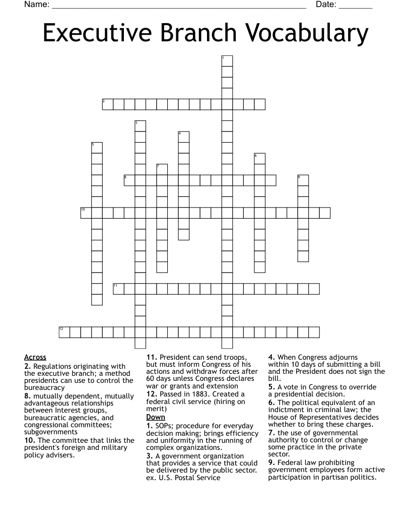 Executive Branch Vocabulary Crossword WordMint