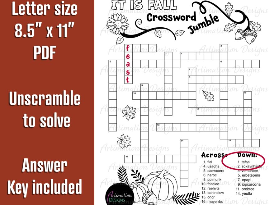 Fall Crossword Jumble Puzzle Autumn Word Scramble Word Game Activity Made By Teachers