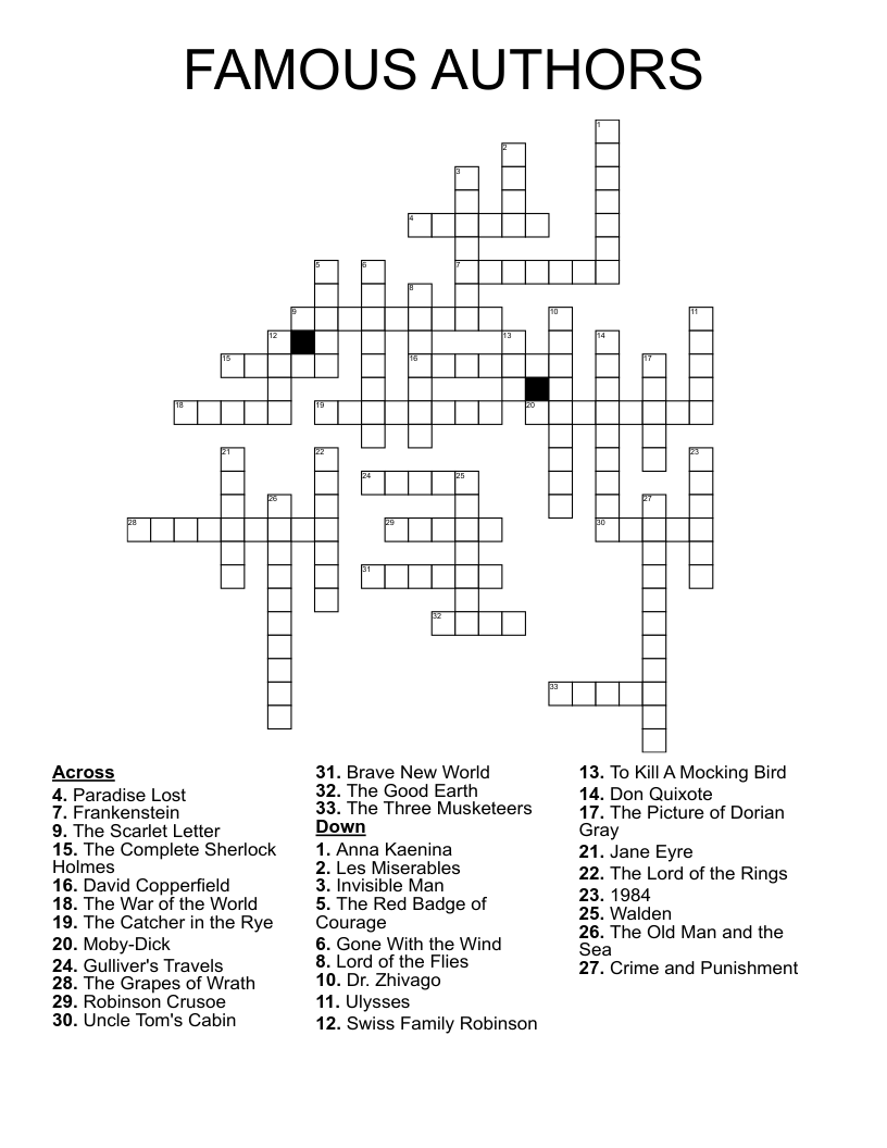 FAMOUS AUTHORS Crossword WordMint