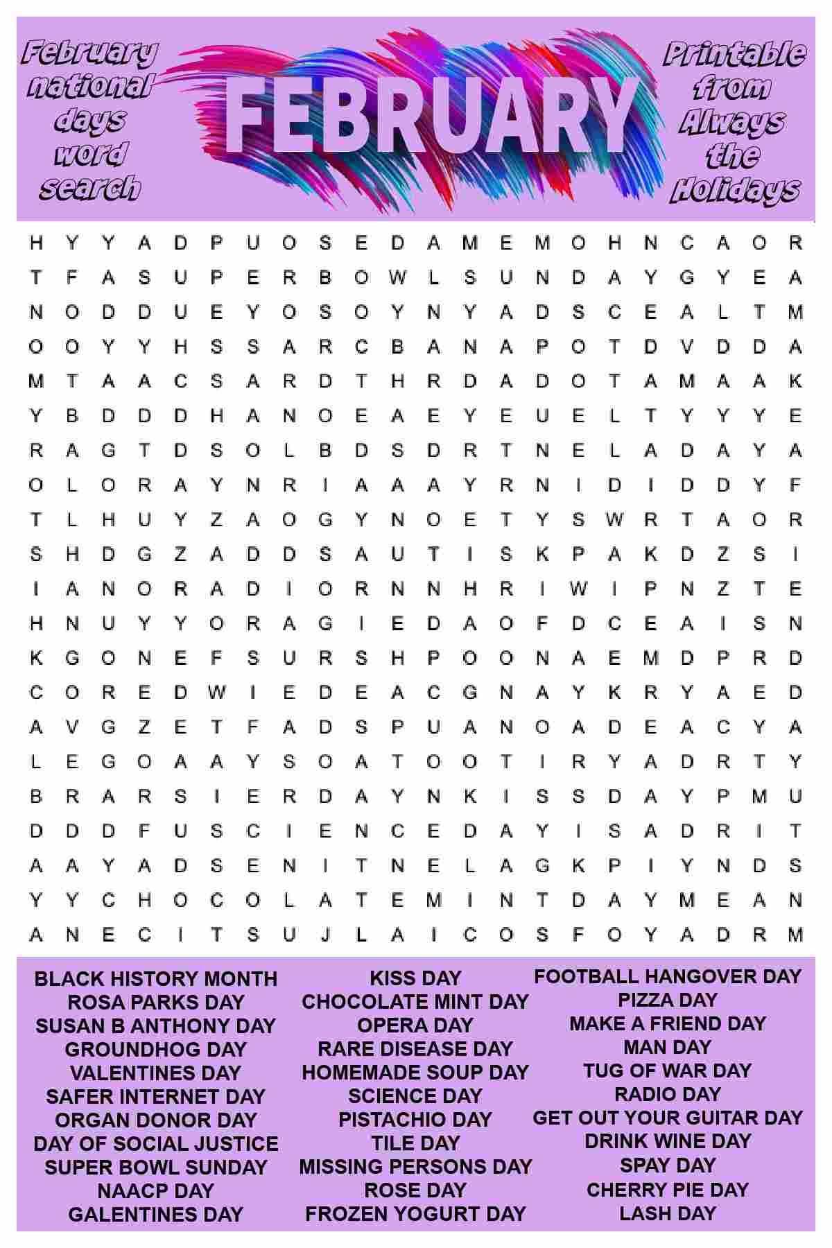 February Word Search Printable National Days Word Find Puzzle February Word Search Printable National Days Word Find Puzzle