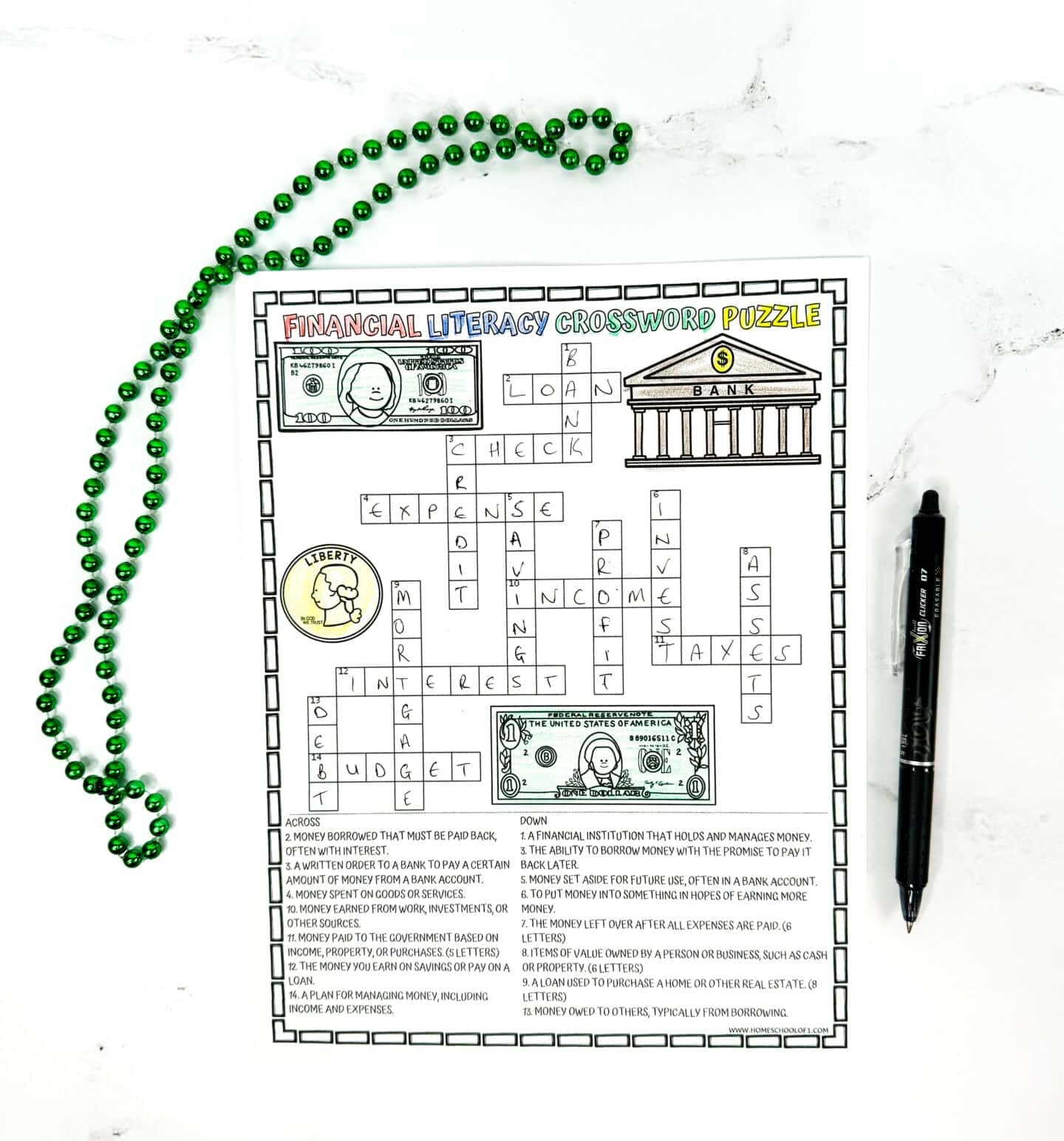 Financial Literacy Crossword Puzzle Free Printable Game 