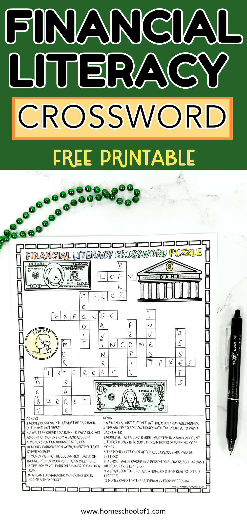Financial Literacy Crossword Puzzle Free Printable Game 