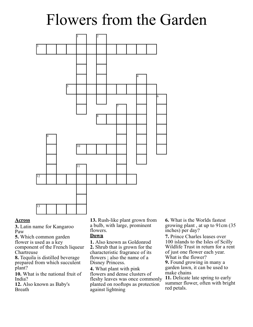 Flowers From The Garden Crossword WordMint