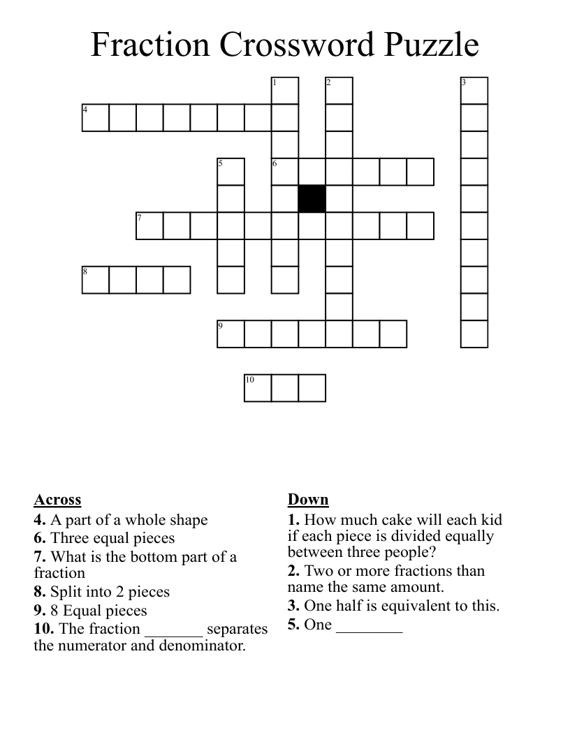 Fraction Crossword Puzzle WordMint