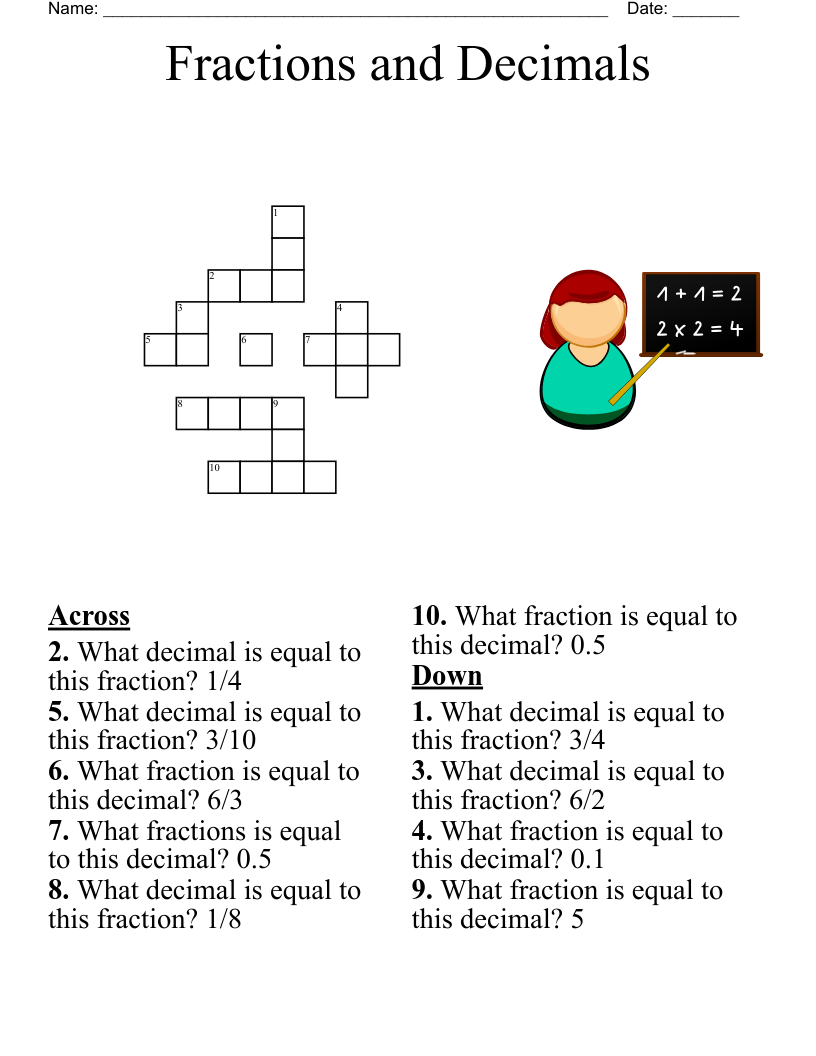Fractions And Decimals Crossword WordMint Fractions And Decimals Crossword WordMint