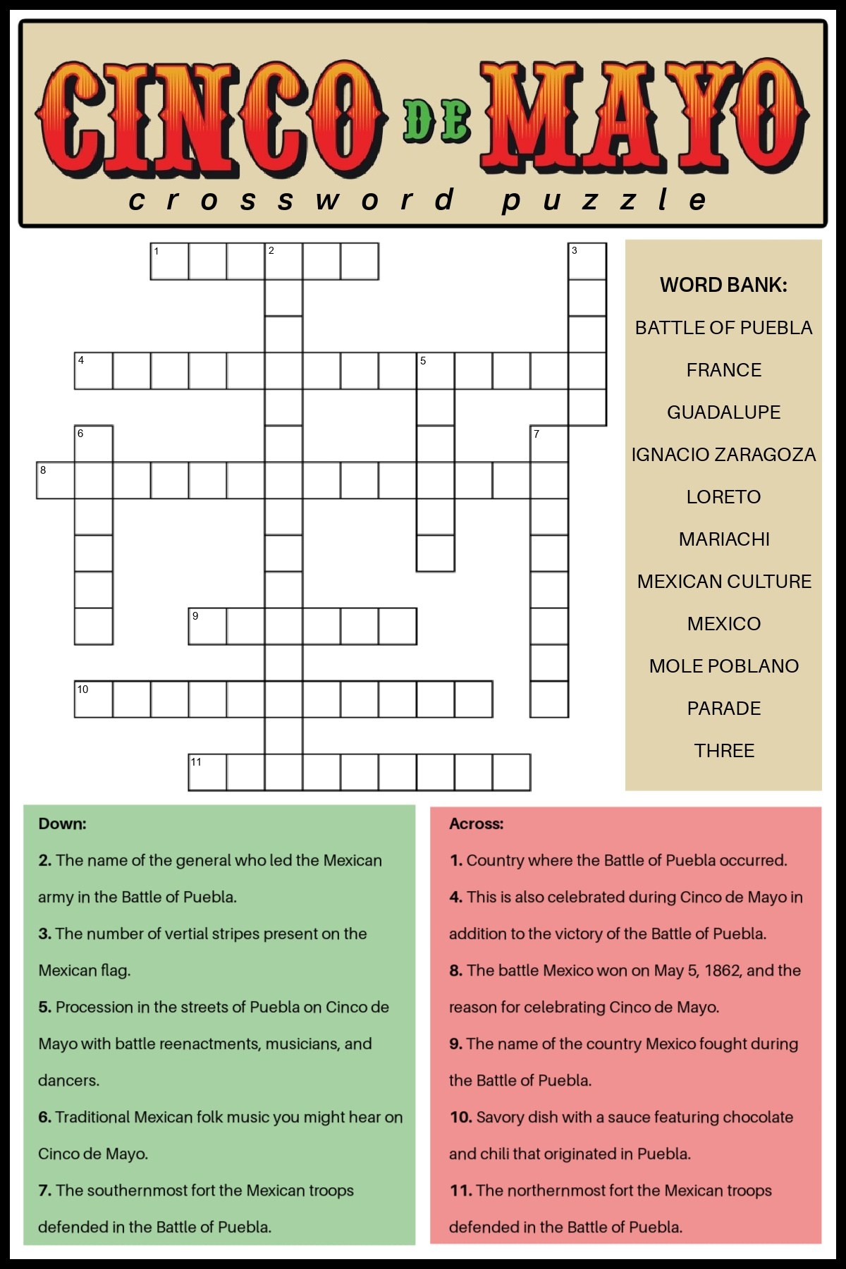 Free Cinco De Mayo Crossword Puzzles 2 Versions With Answers Free Cinco De Mayo Crossword Puzzles 2 Versions With Answers