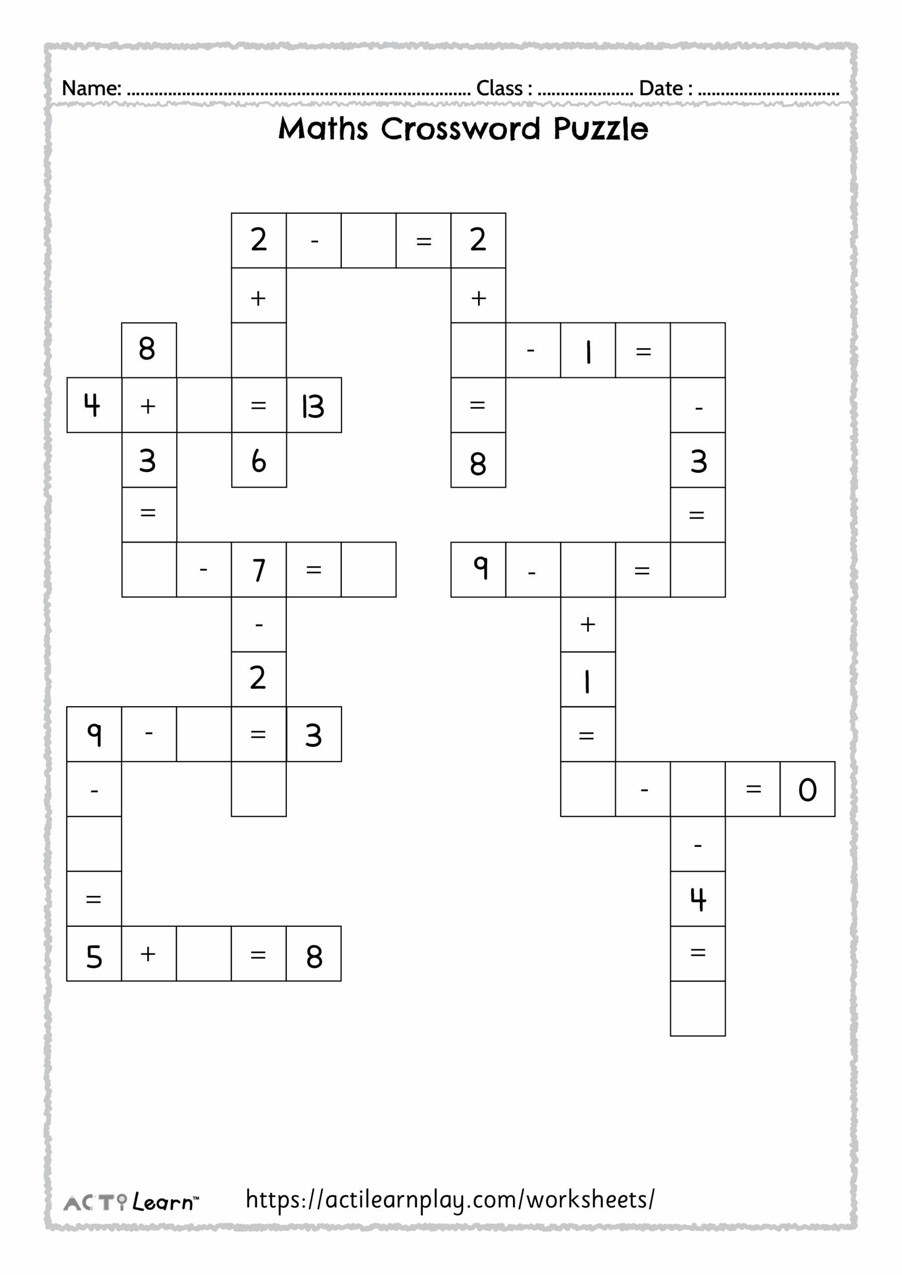 Free Math Crossword Puzzle Addition Subtraction For Kids