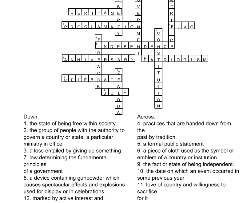 Free Printable 4th Of July Crossword Puzzle With Answer Key
