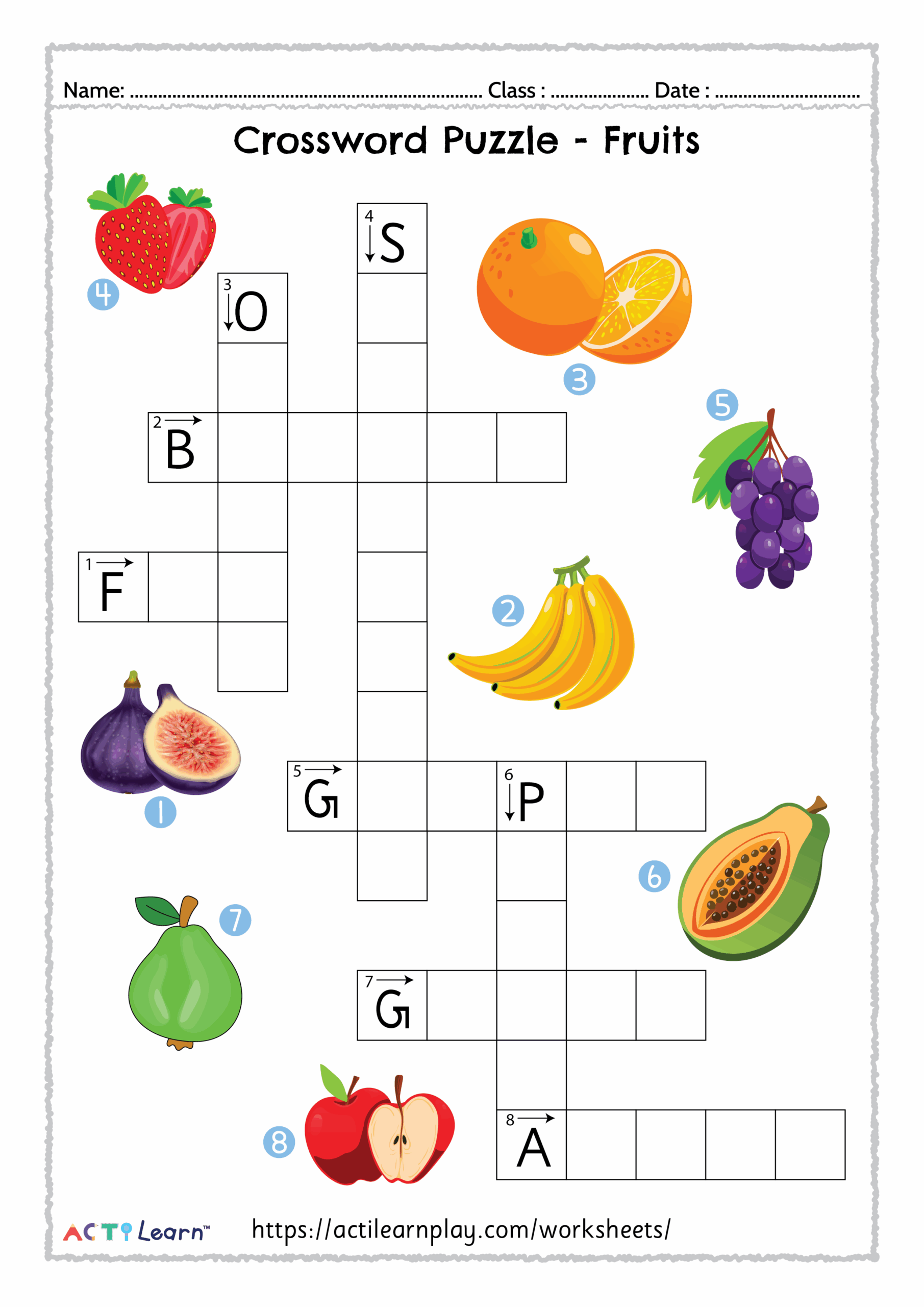 Free Printable Fruits Crossword Puzzle English Activity