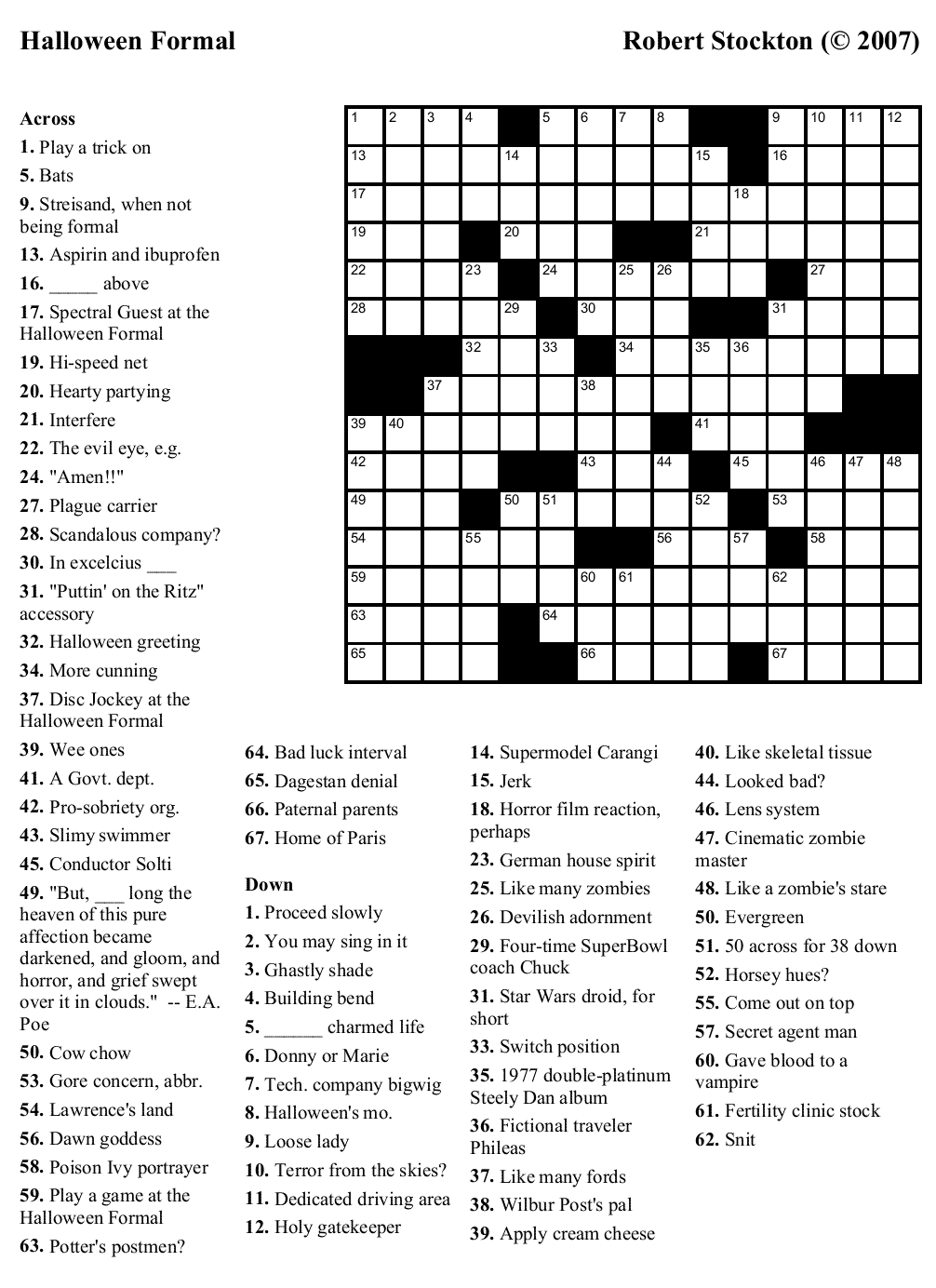 6th Grade Halloween Crossword Puzzle Printable